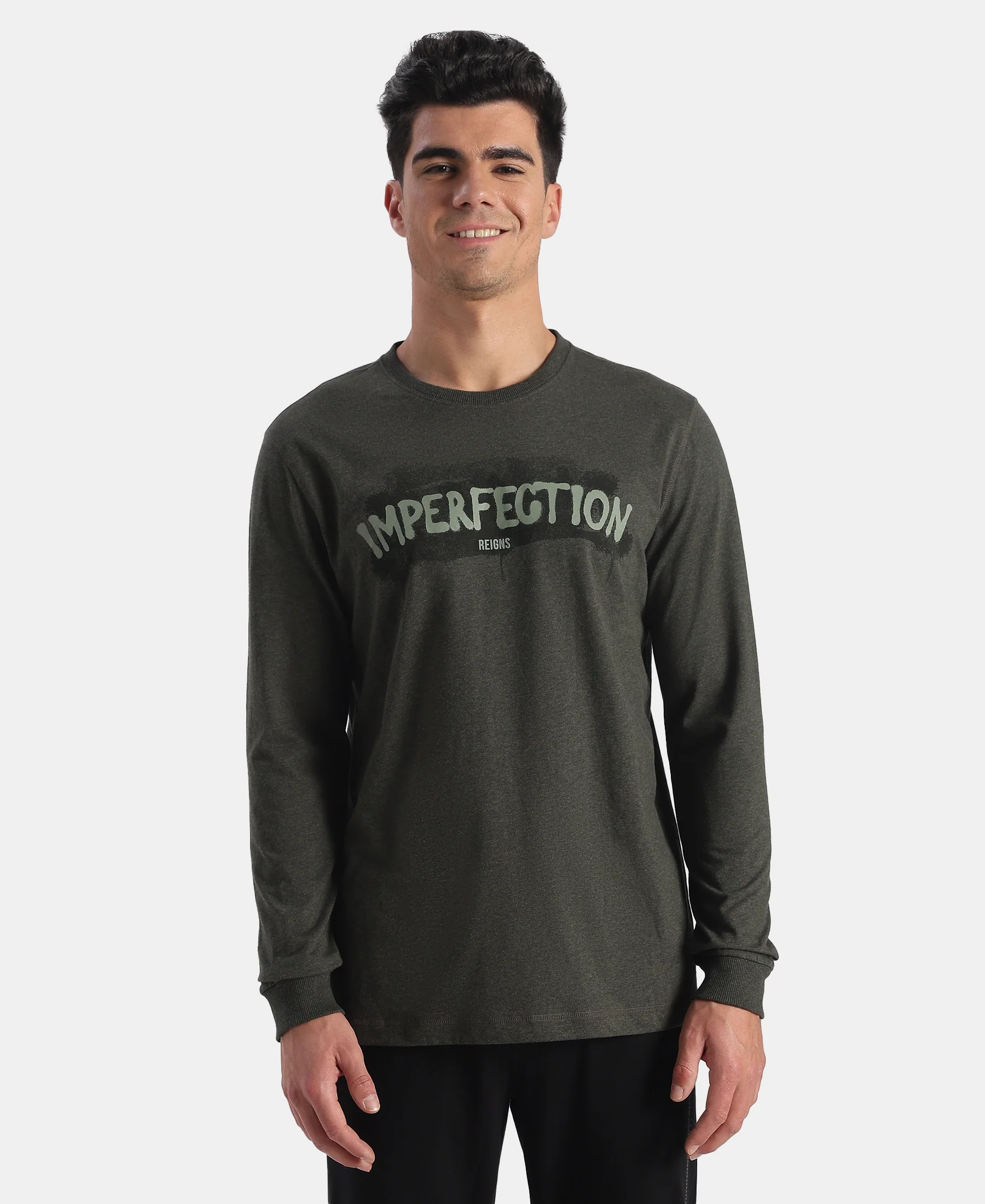 Super Combed Cotton Rich Graphic Printed Round Neck Full Sleeve T-Shirt - Olive Melange