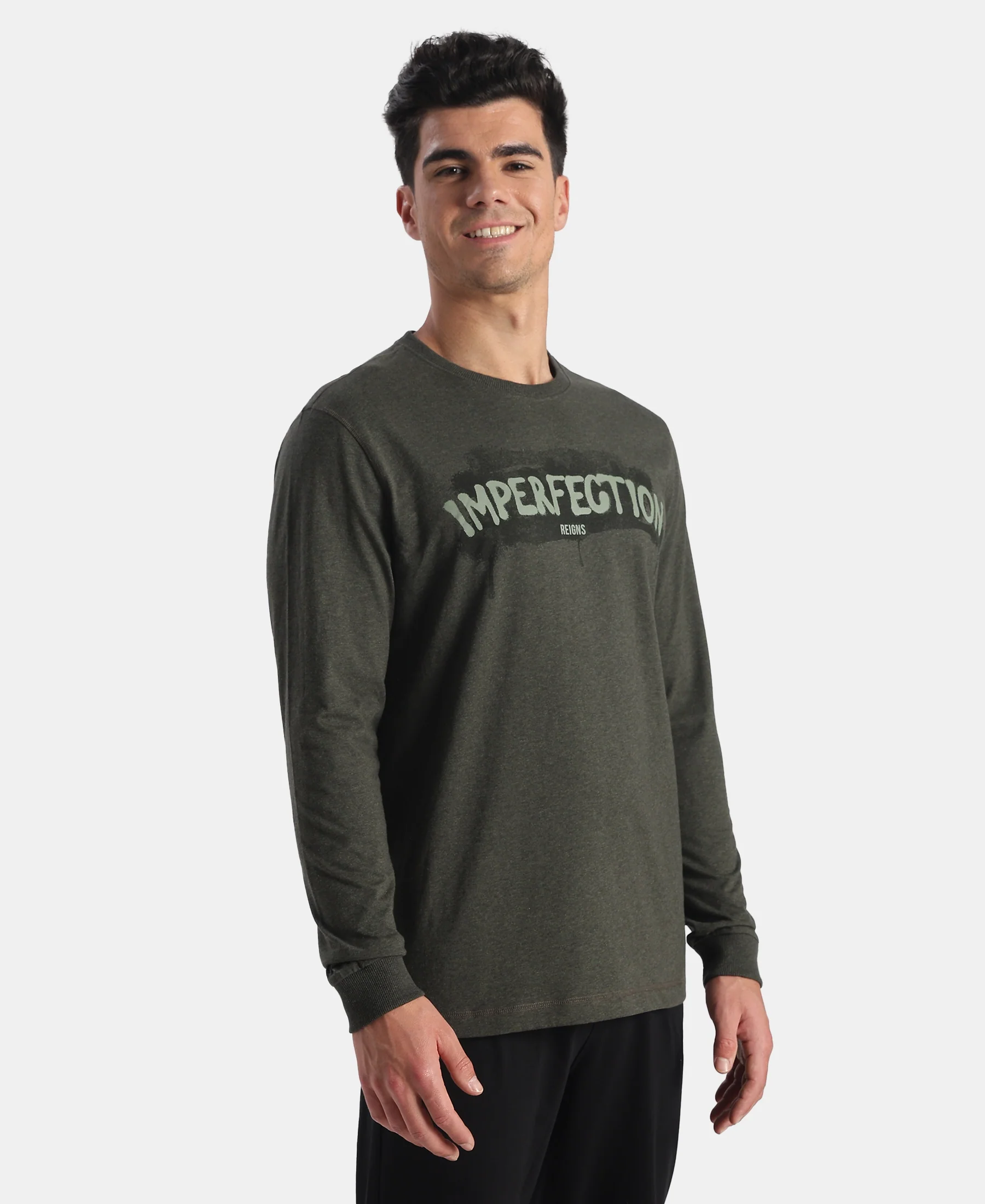 Super Combed Cotton Rich Graphic Printed Round Neck Full Sleeve T-Shirt - Olive Melange - Image 2