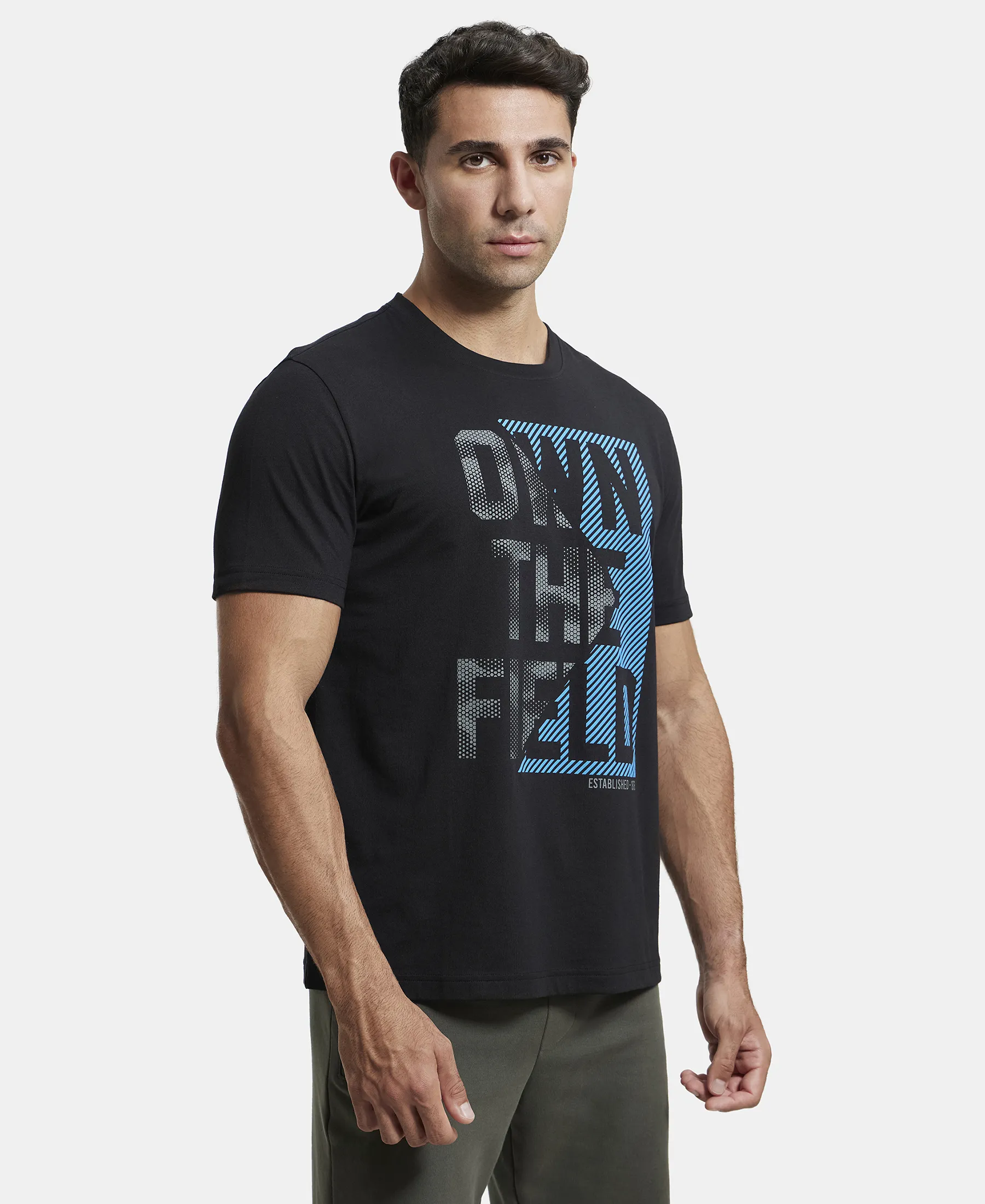 Super Combed Cotton Rich Graphic Printed Round Neck Half Sleeve T-Shirt - Black - Image 2