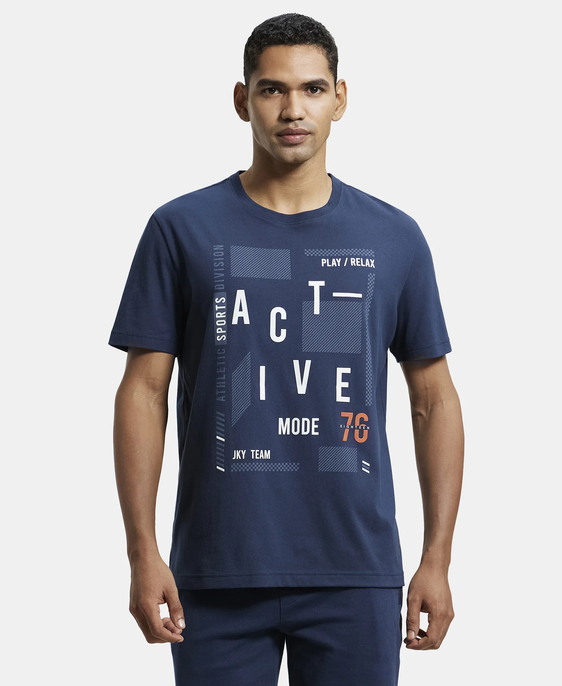 Super Combed Cotton Rich Graphic Printed Round Neck Half Sleeve T-Shirt - Navy