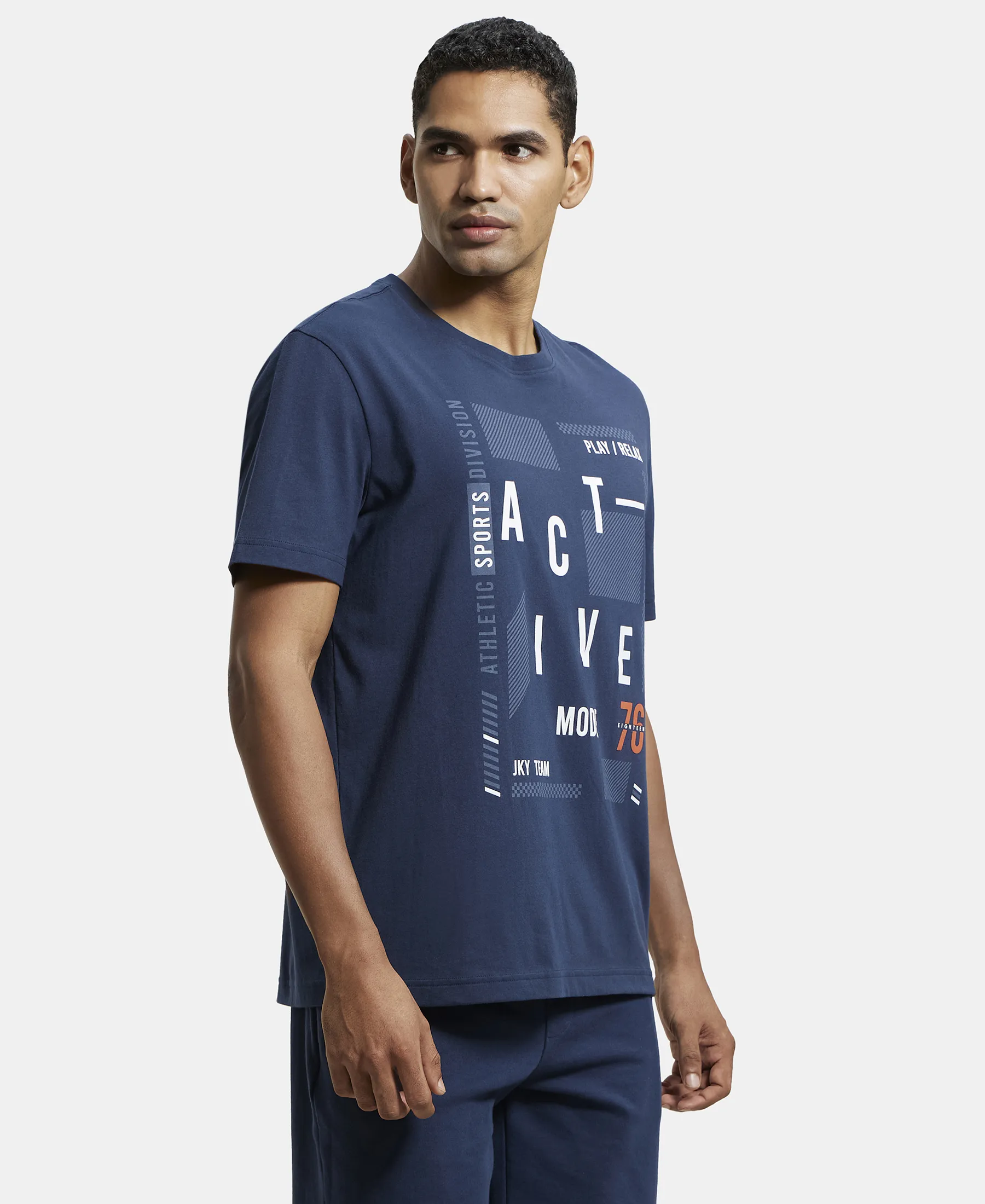 Super Combed Cotton Rich Graphic Printed Round Neck Half Sleeve T-Shirt - Navy - Image 2