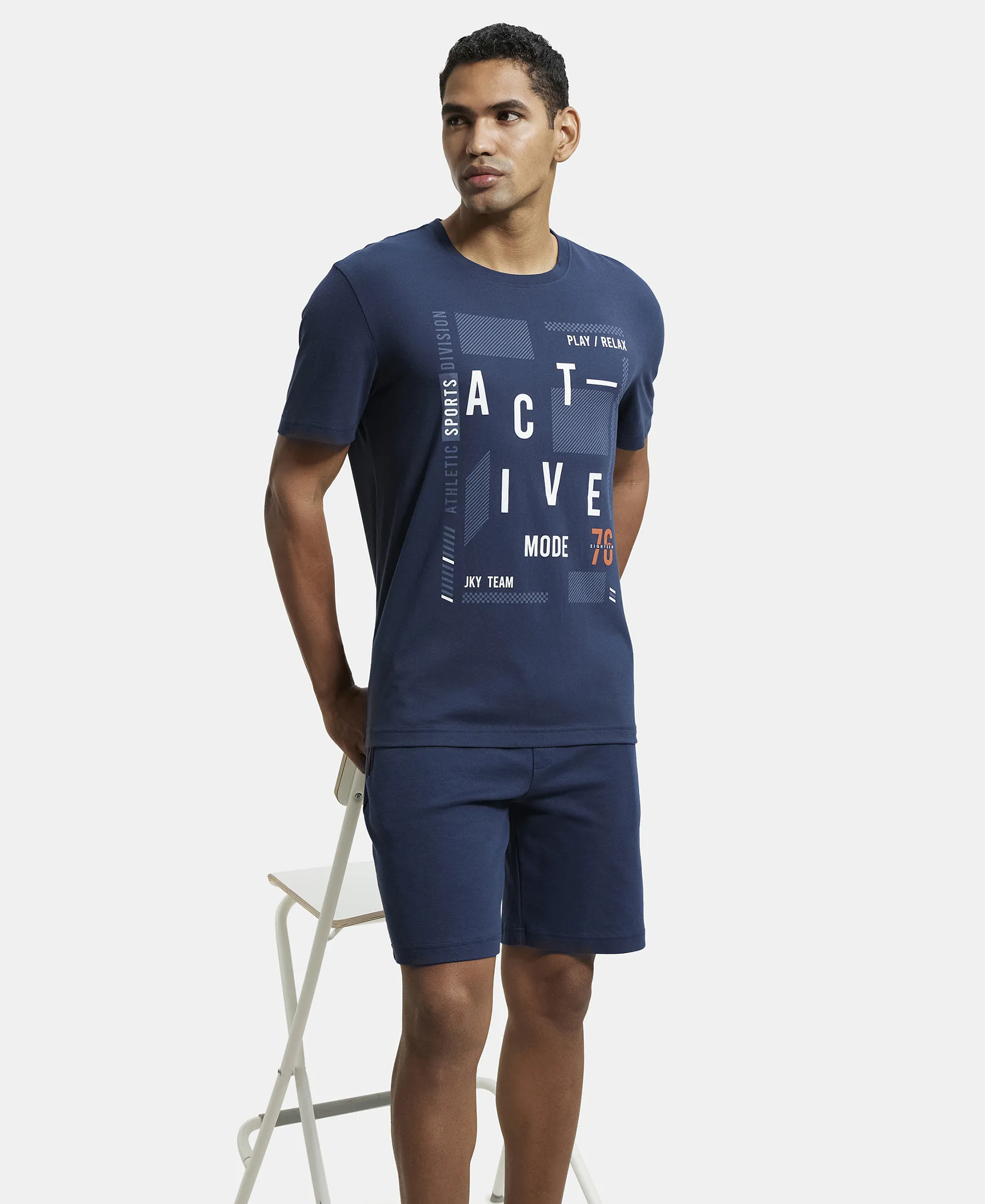 Super Combed Cotton Rich Graphic Printed Round Neck Half Sleeve T-Shirt - Navy - Image 6