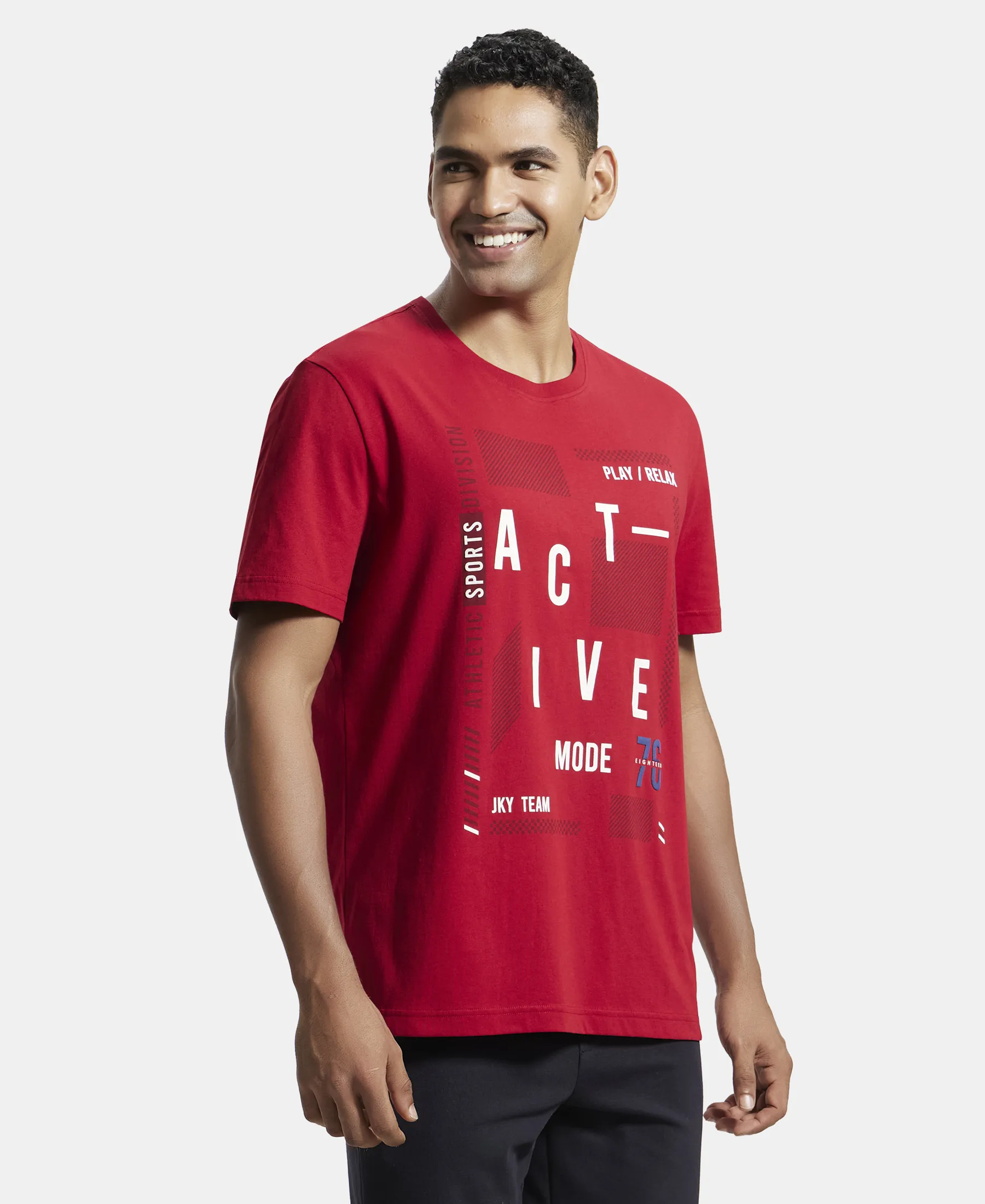 Super Combed Cotton Rich Graphic Printed Round Neck Half Sleeve T-Shirt - Shanghai Red - Image 2