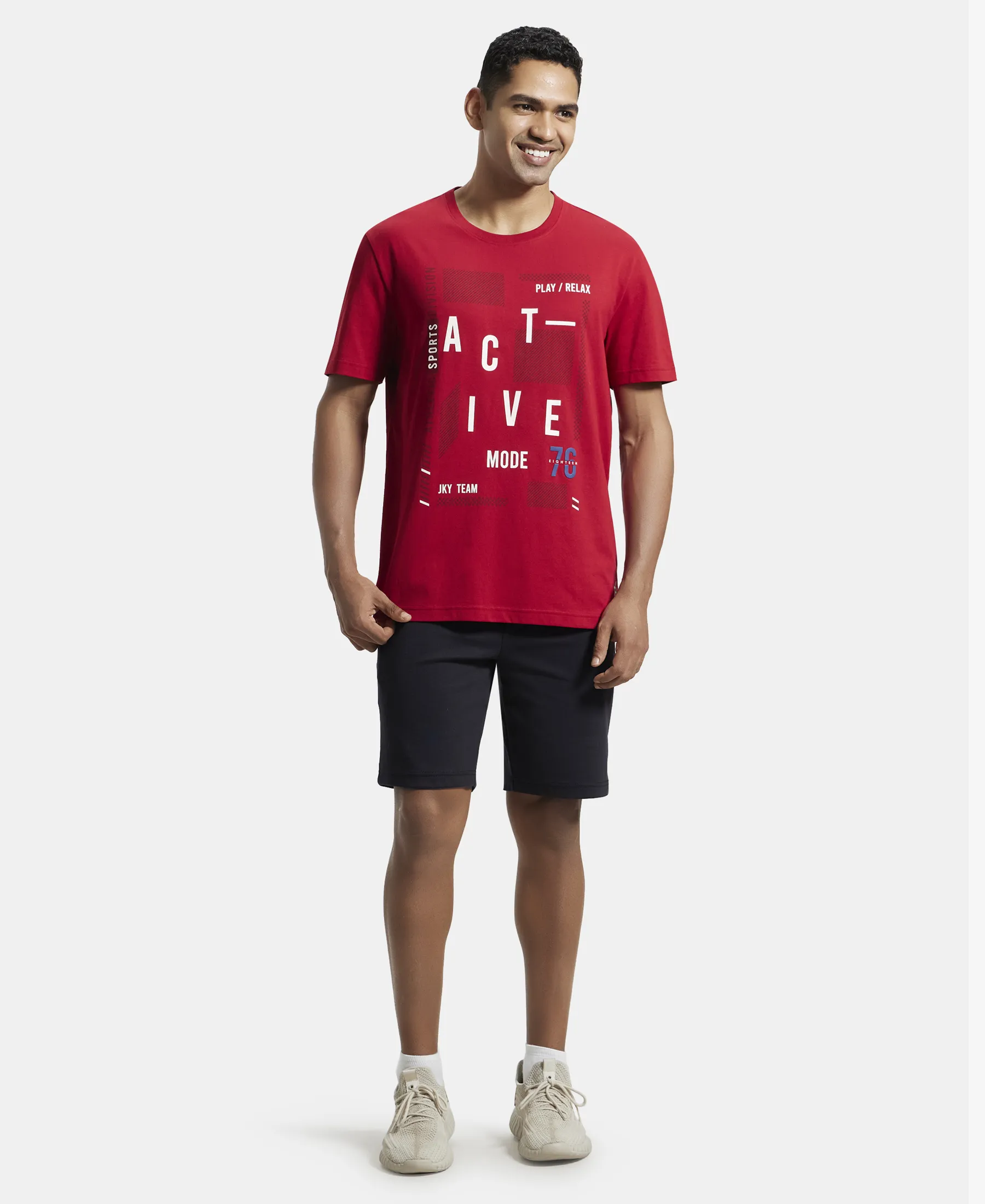 Super Combed Cotton Rich Graphic Printed Round Neck Half Sleeve T-Shirt - Shanghai Red - Image 4