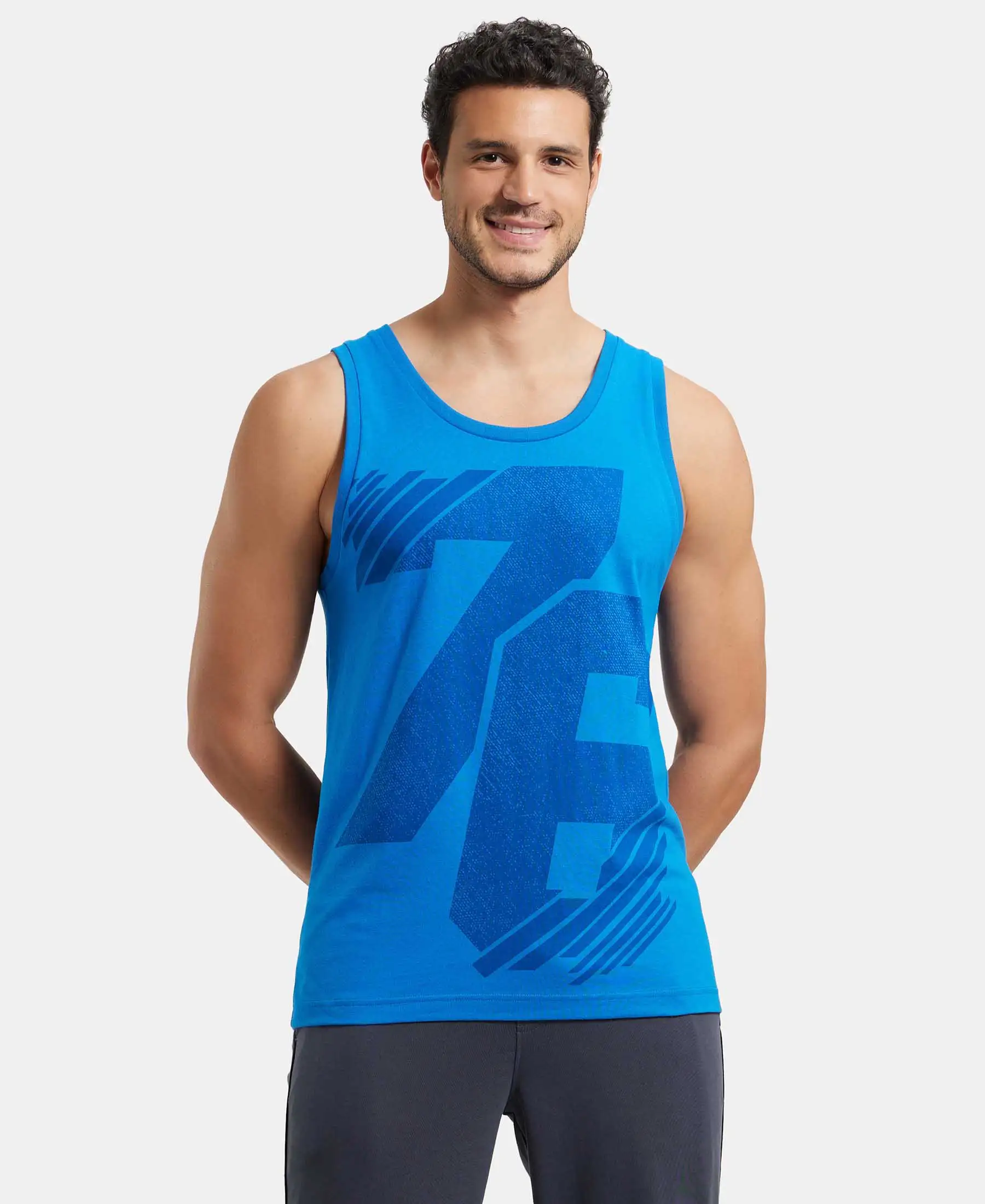 Super Combed Cotton Rich Graphic Printed Tank Top - Neon Blue Print - Image 5