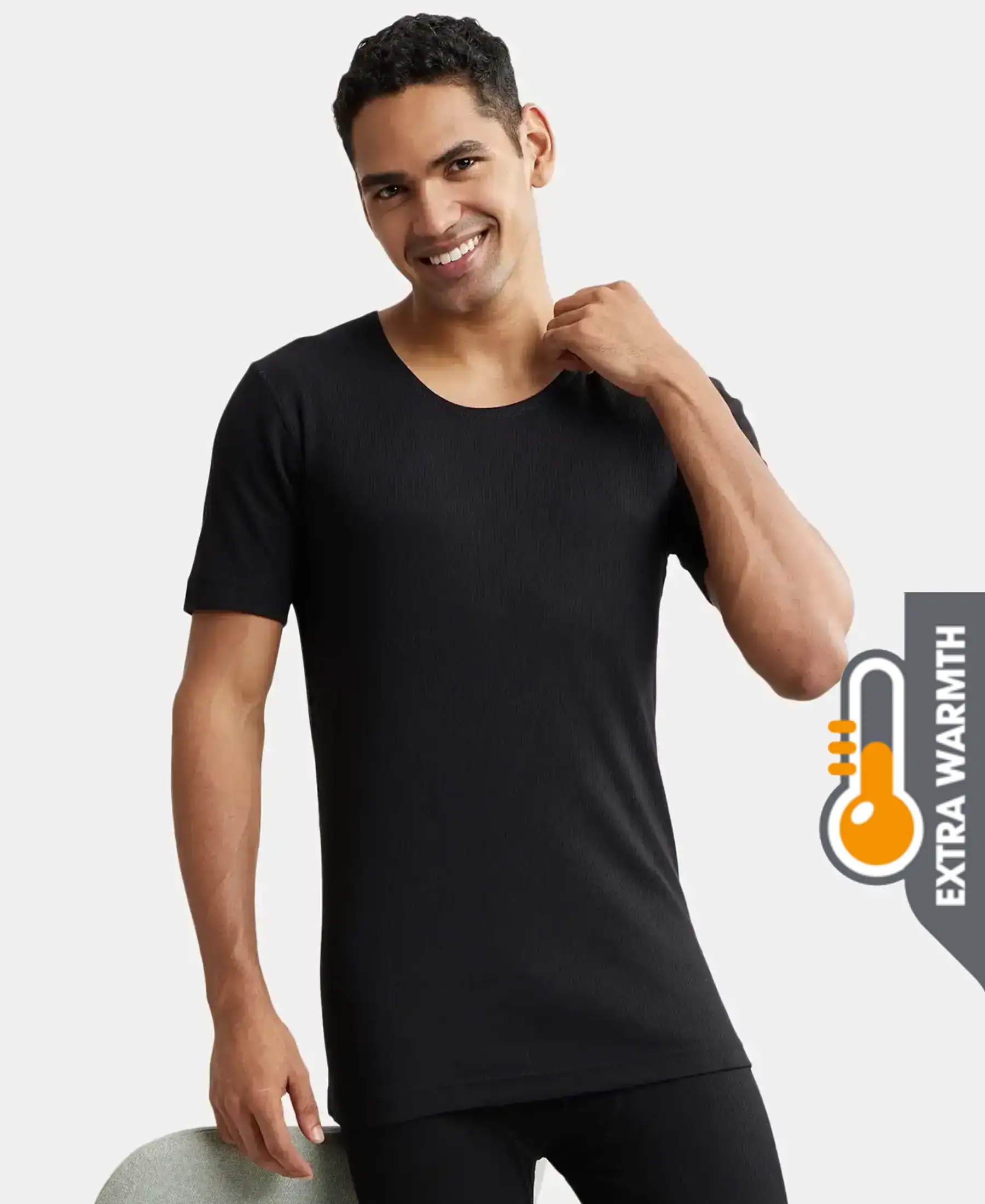 Extra Warmth Super Combed Cotton Rich Half Sleeved Thermal Undershirt with StayWarm Technology - Black - Image 5