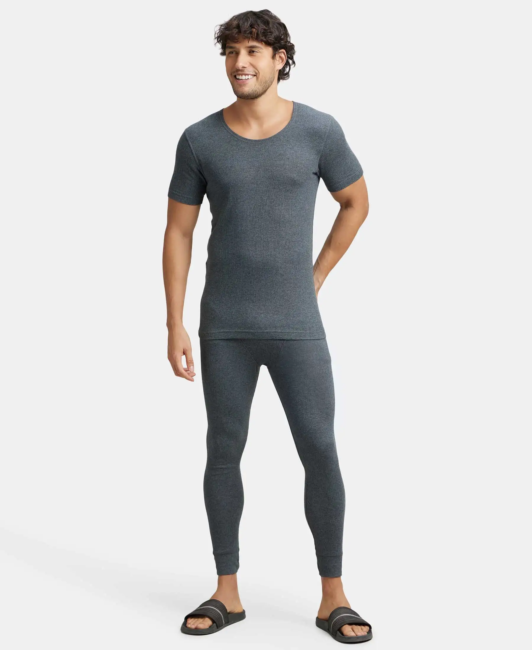 Extra Warmth Super Combed Cotton Rich Half Sleeved Thermal Undershirt with StayWarm Technology - Charcoal Melange - Image 4