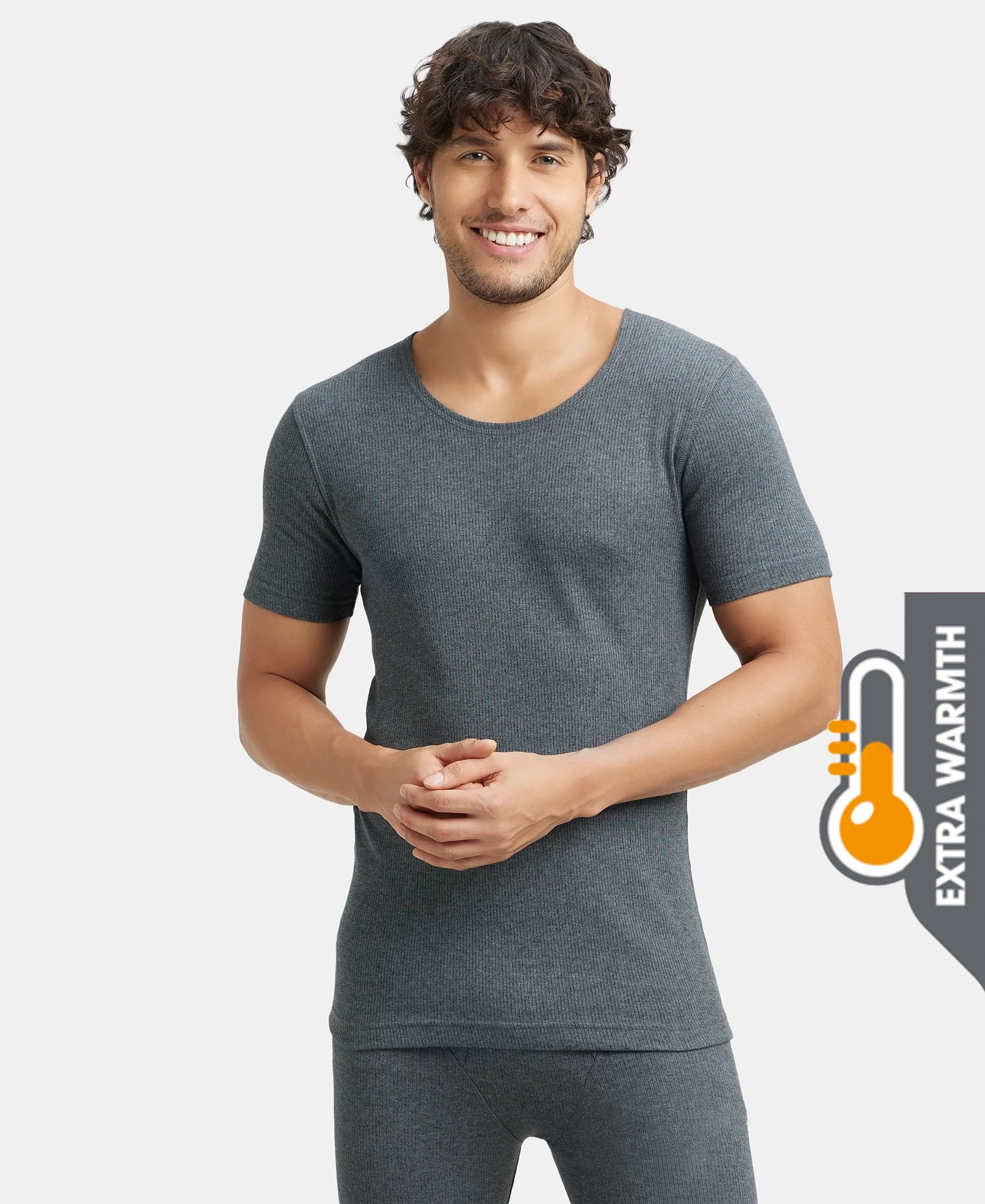 Extra Warmth Super Combed Cotton Rich Half Sleeved Thermal Undershirt with StayWarm Technology - Charcoal Melange - Image 5