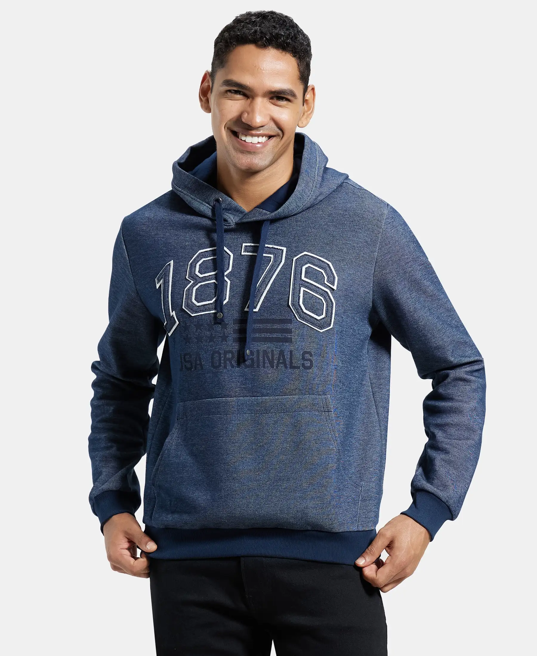 Super Combed Cotton Rich Hoodie Sweatshirt with Ribbed Cuffs - Navy