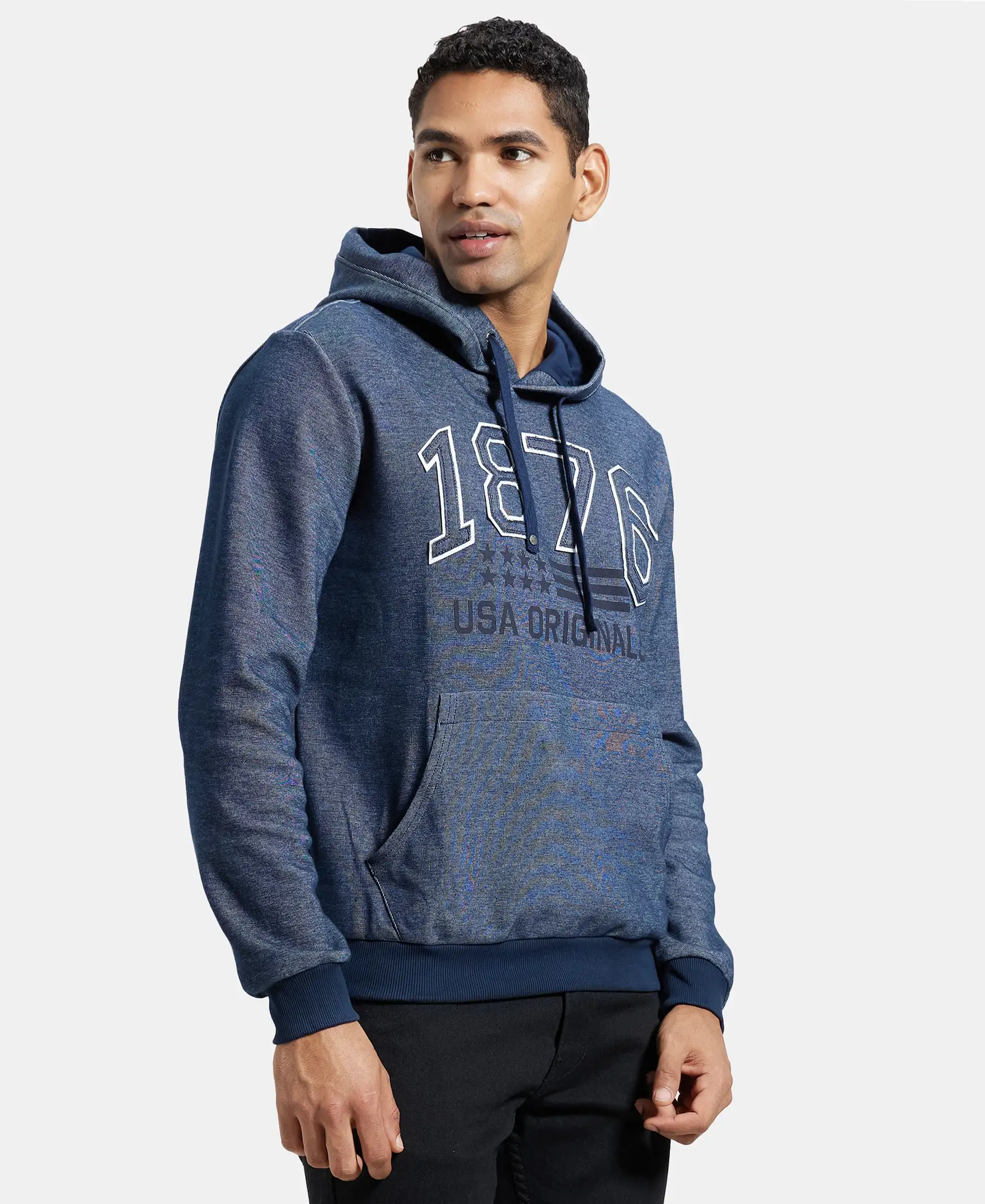 Super Combed Cotton Rich Hoodie Sweatshirt with Ribbed Cuffs - Navy - Image 2