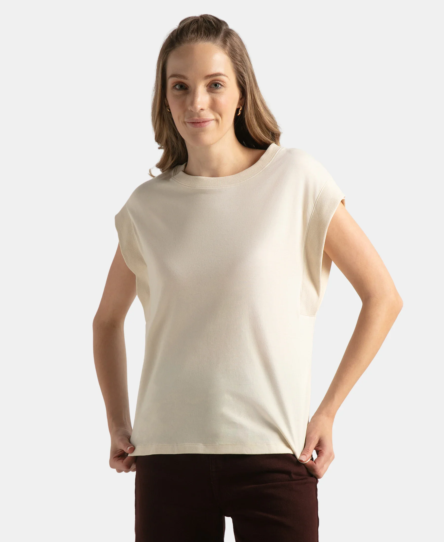 Super Combed Cotton Rich Hybrid Tank Top with Ribbed Sleeves - Snow White