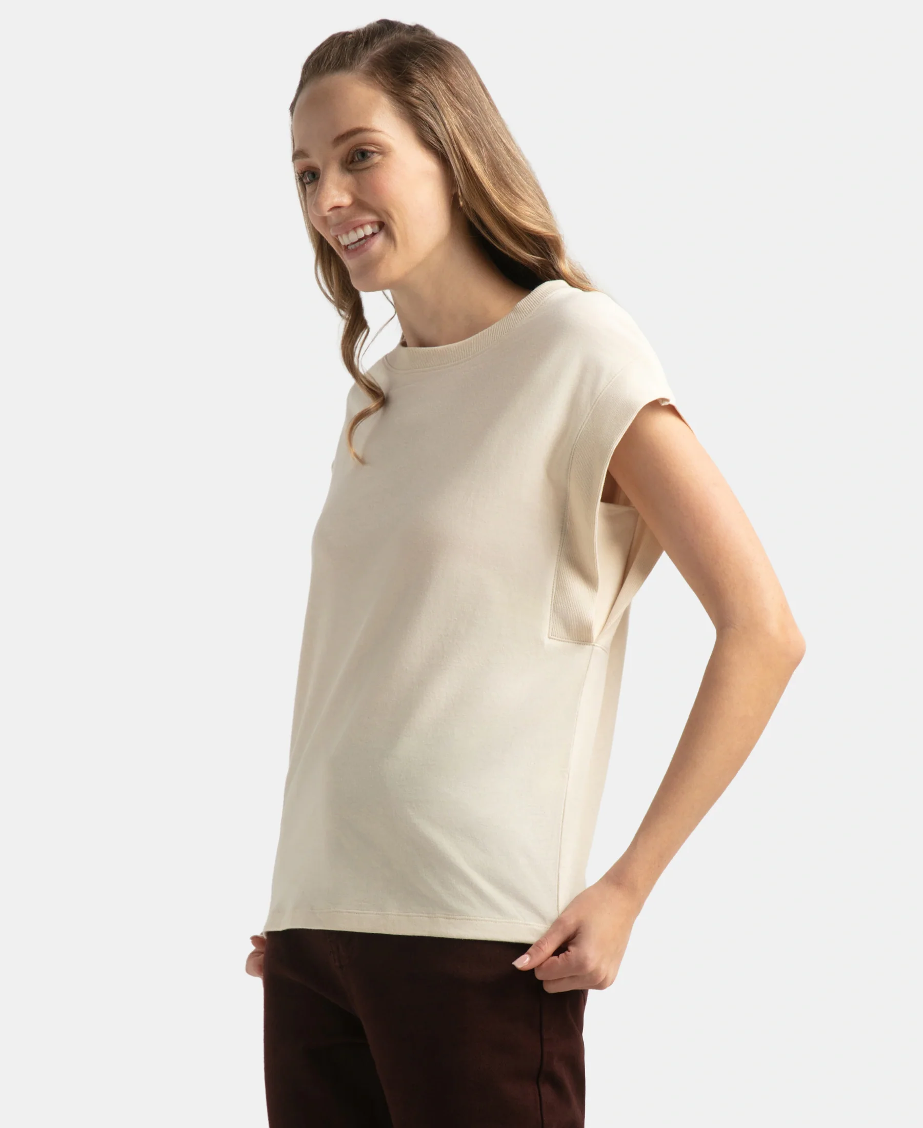 Super Combed Cotton Rich Hybrid Tank Top with Ribbed Sleeves - Snow White - Image 2