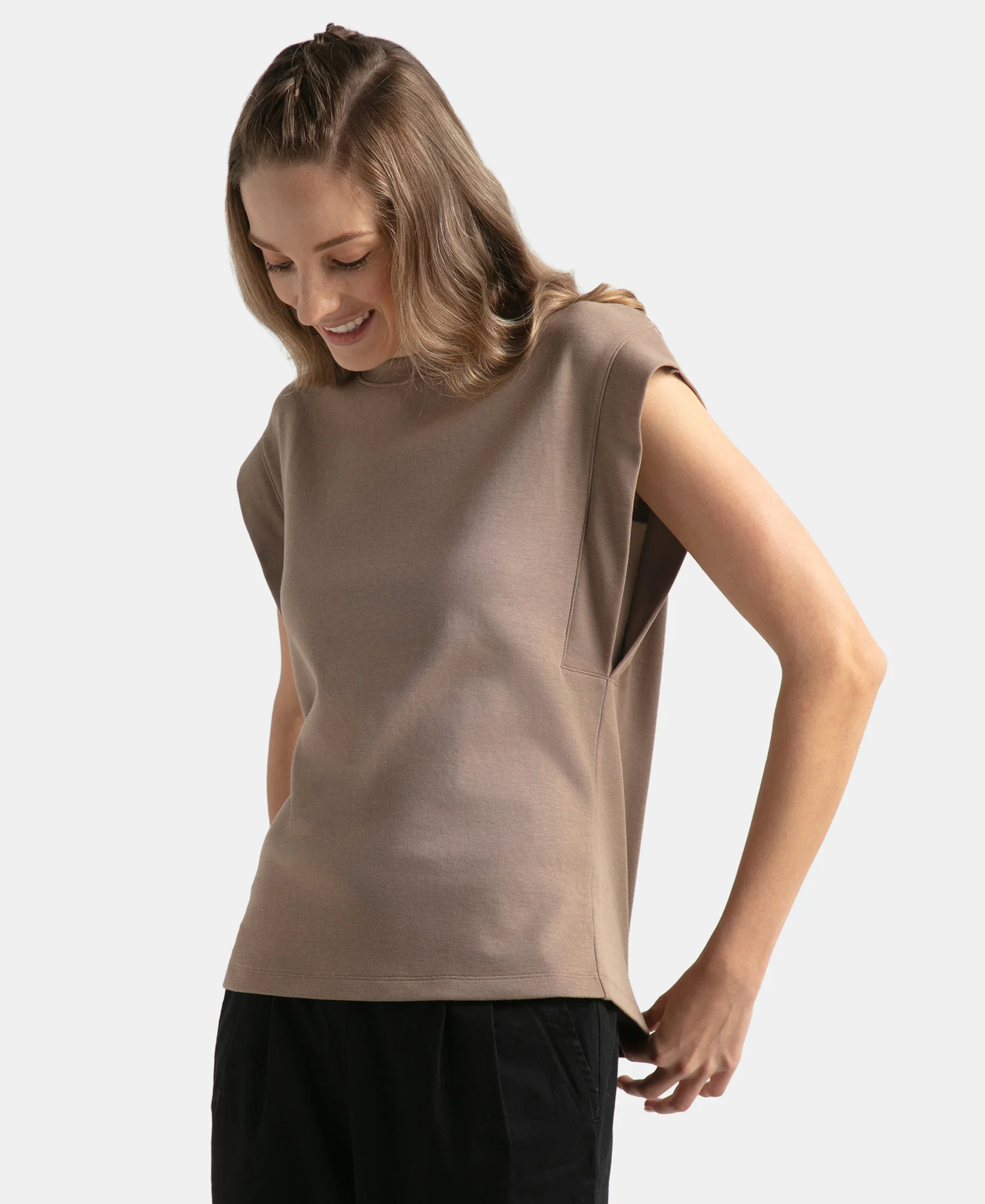 Super Combed Cotton Rich Hybrid Tank Top with Ribbed Sleeves - Taupe Grey - Image 2
