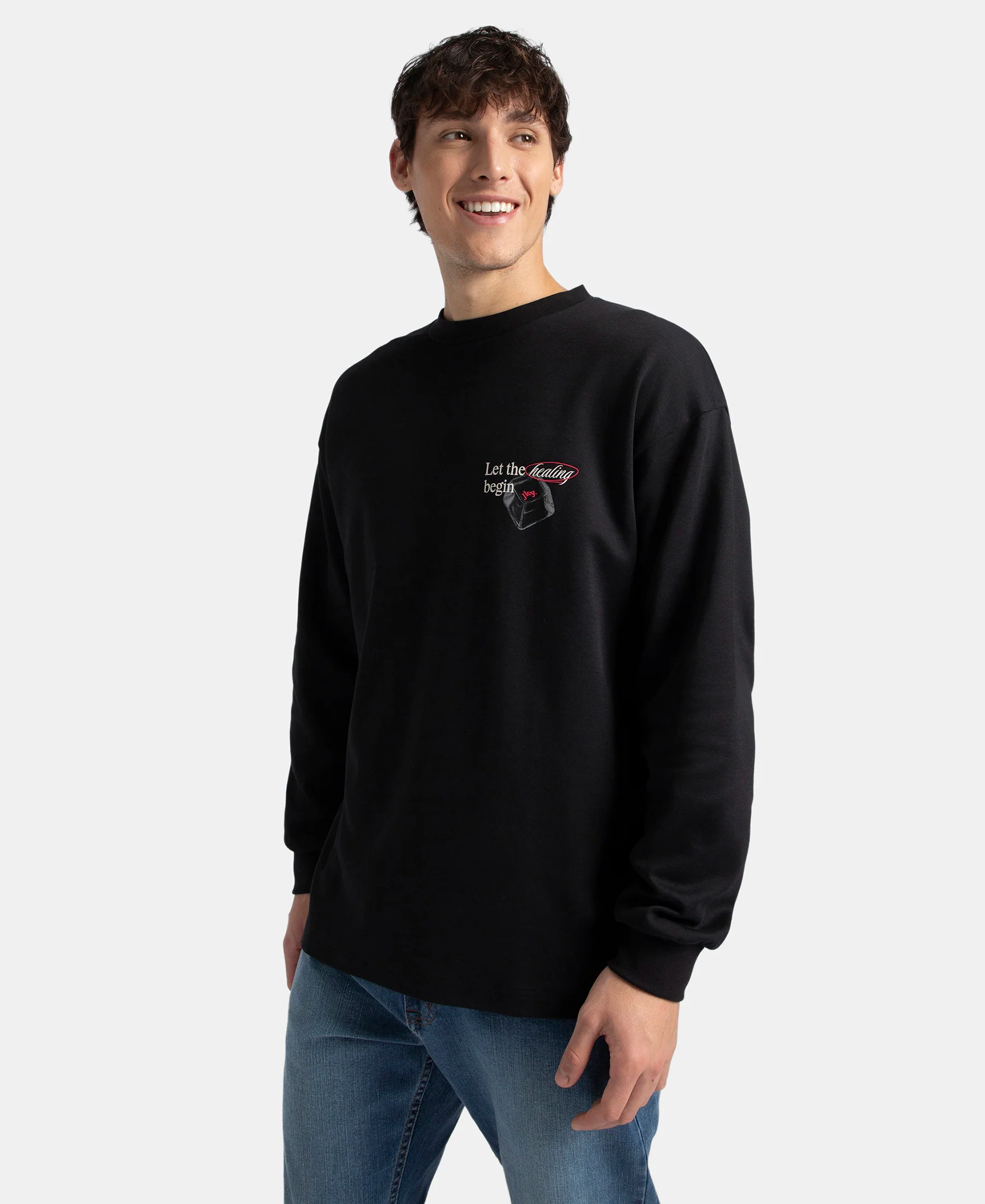 Super Combed Cotton Rich Oversized Fit Graphic Printed Full Sleeve T-Shirt - Deep Black - Image 2