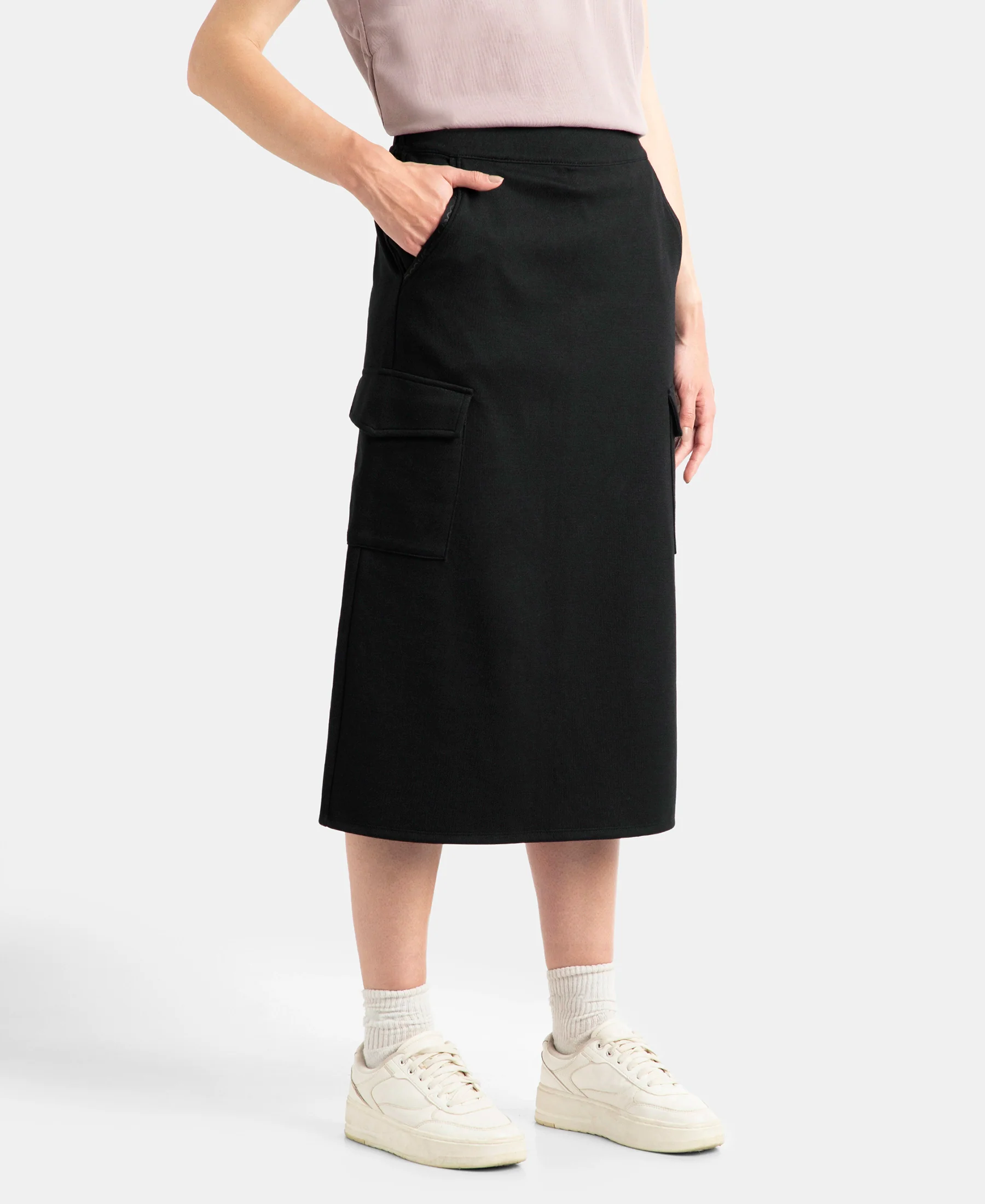 Super Combed Cotton Rich Pique Fabric Cargo Skirt with Inner Drawstrings - Black - Image 2