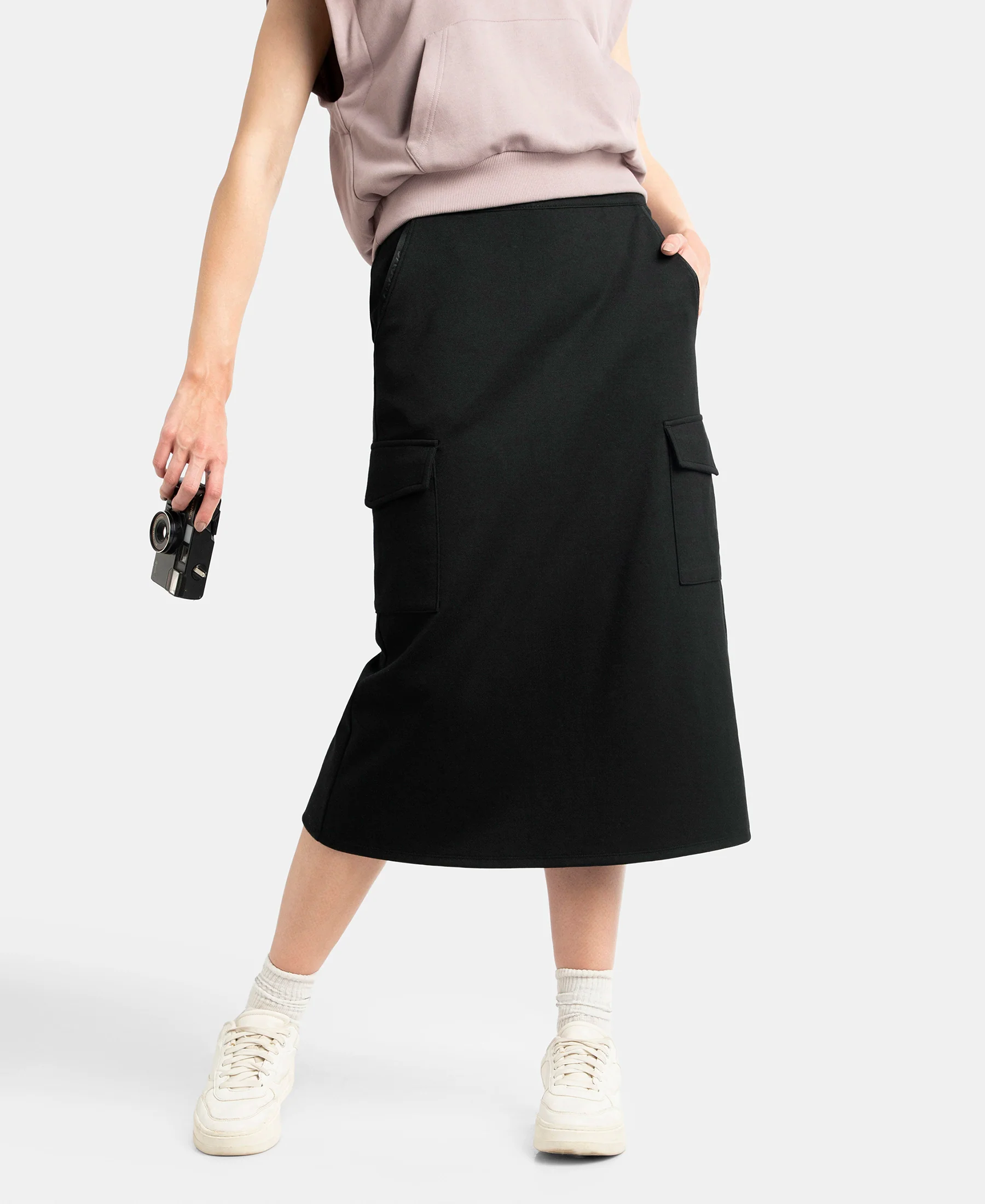 Super Combed Cotton Rich Pique Fabric Cargo Skirt with Inner Drawstrings - Black - Image 5