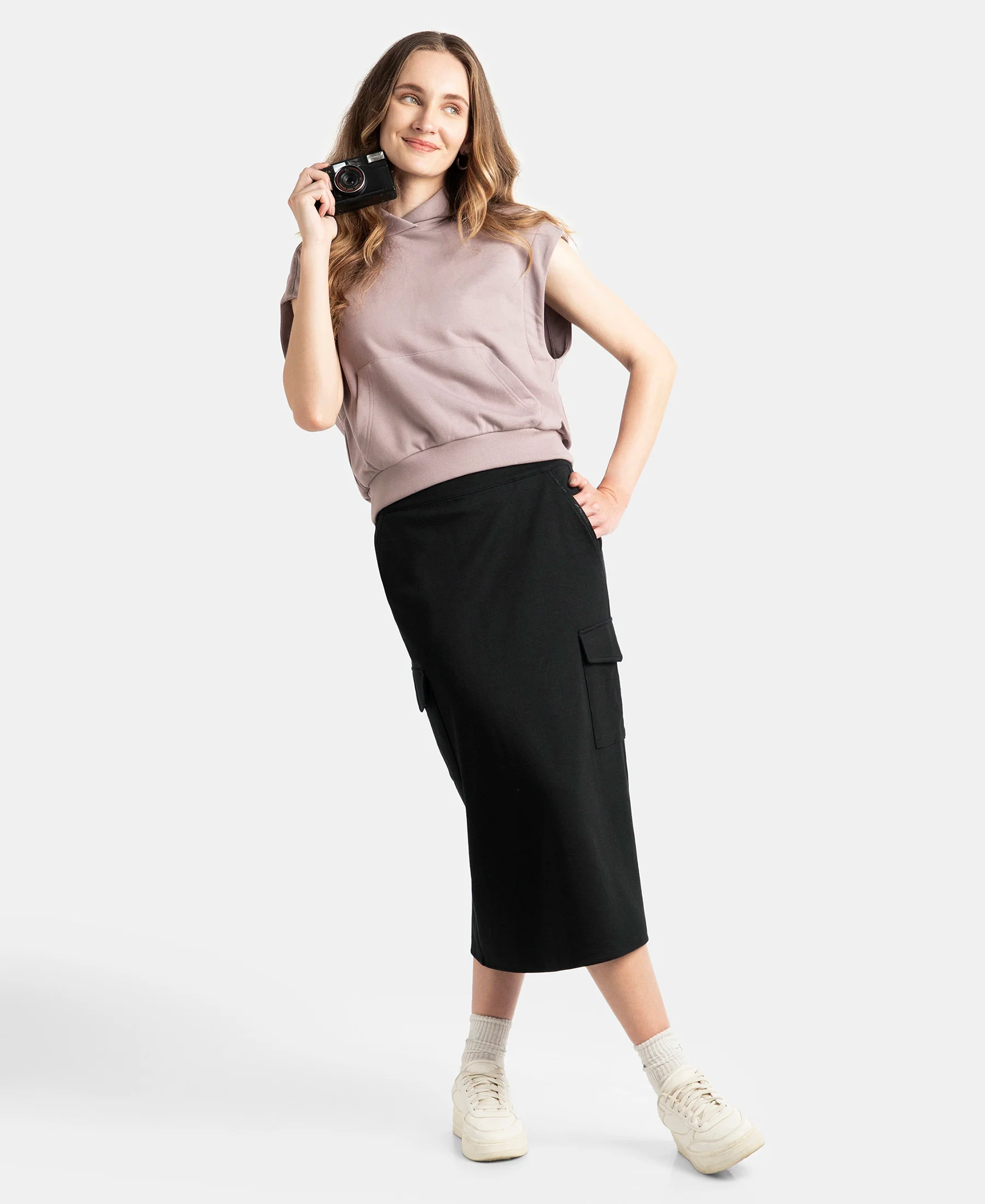 Super Combed Cotton Rich Pique Fabric Cargo Skirt with Inner Drawstrings - Black - Image 6