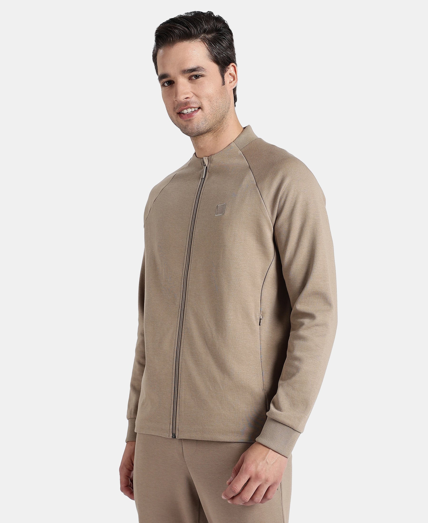Super Combed Cotton Rich Pique Fabric Jacket with Ribbed Cuffs - Desert Taupe - Image 2