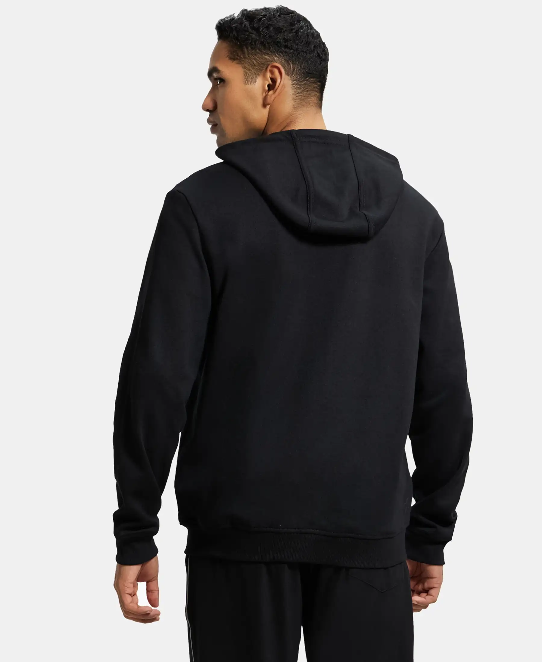 Super Combed Cotton Rich Pique Hoodie Jacket with Ribbed Cuffs - Black - Image 3