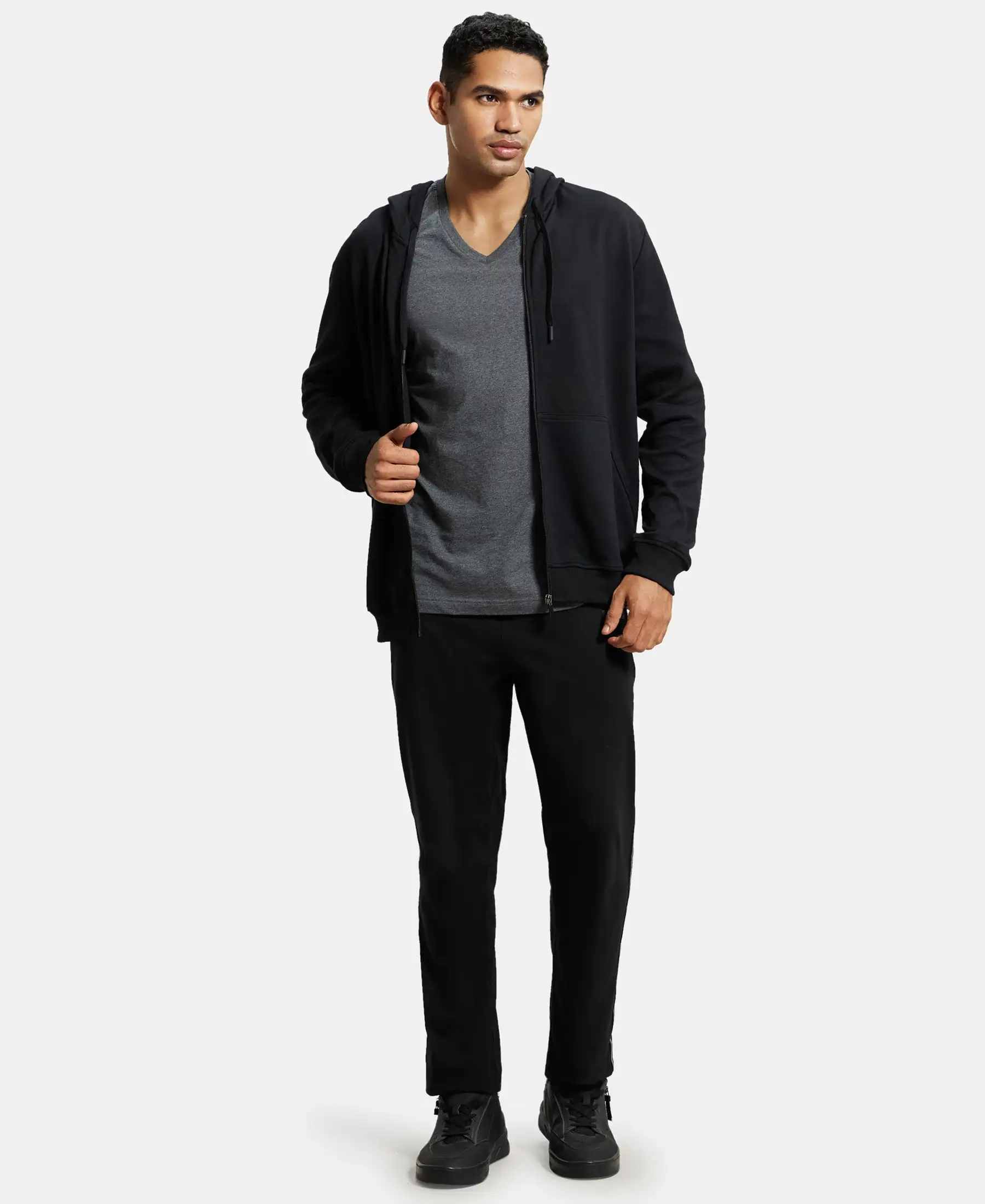 Super Combed Cotton Rich Pique Hoodie Jacket with Ribbed Cuffs - Black - Image 4