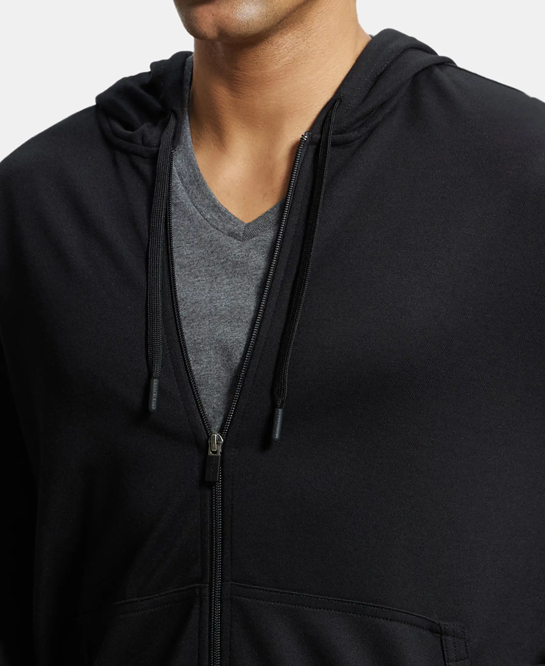 Super Combed Cotton Rich Pique Hoodie Jacket with Ribbed Cuffs - Black - Image 6