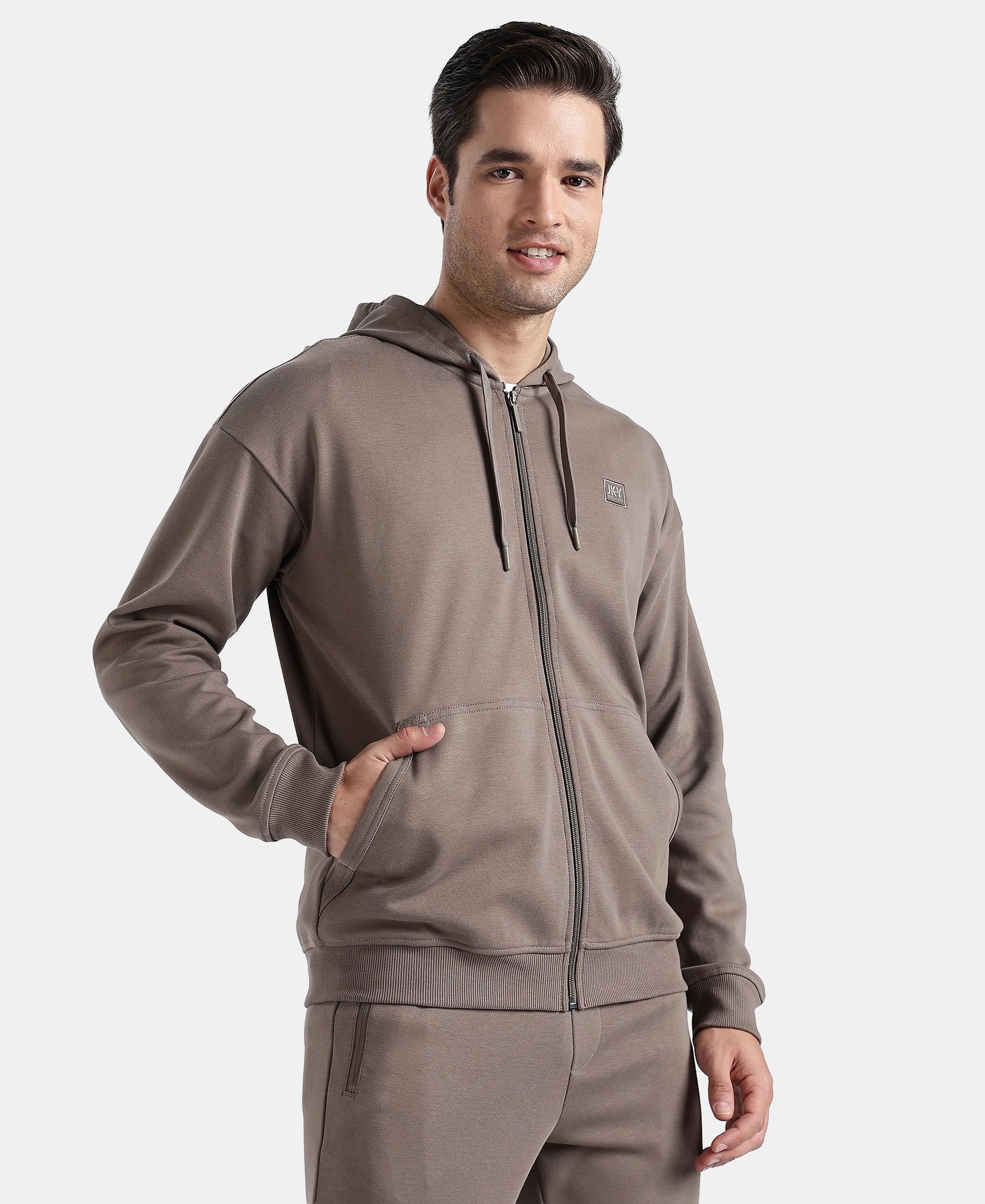 Super Combed Cotton Rich Pique Hoodie Jacket with Ribbed Cuffs - Dark Khaki - Image 2