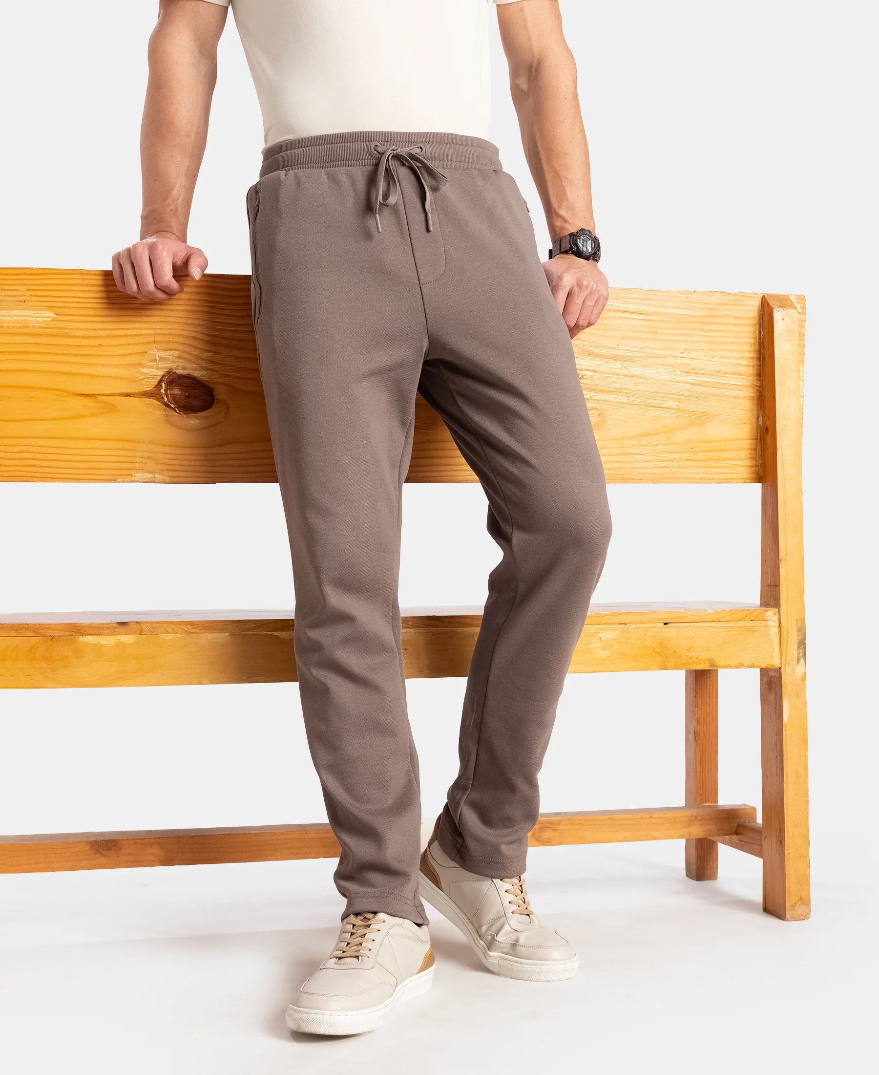 Super Combed Cotton Rich Pique Slim Fit Trackpant with Side Zipper Pockets - Dark Khaki - Image 5