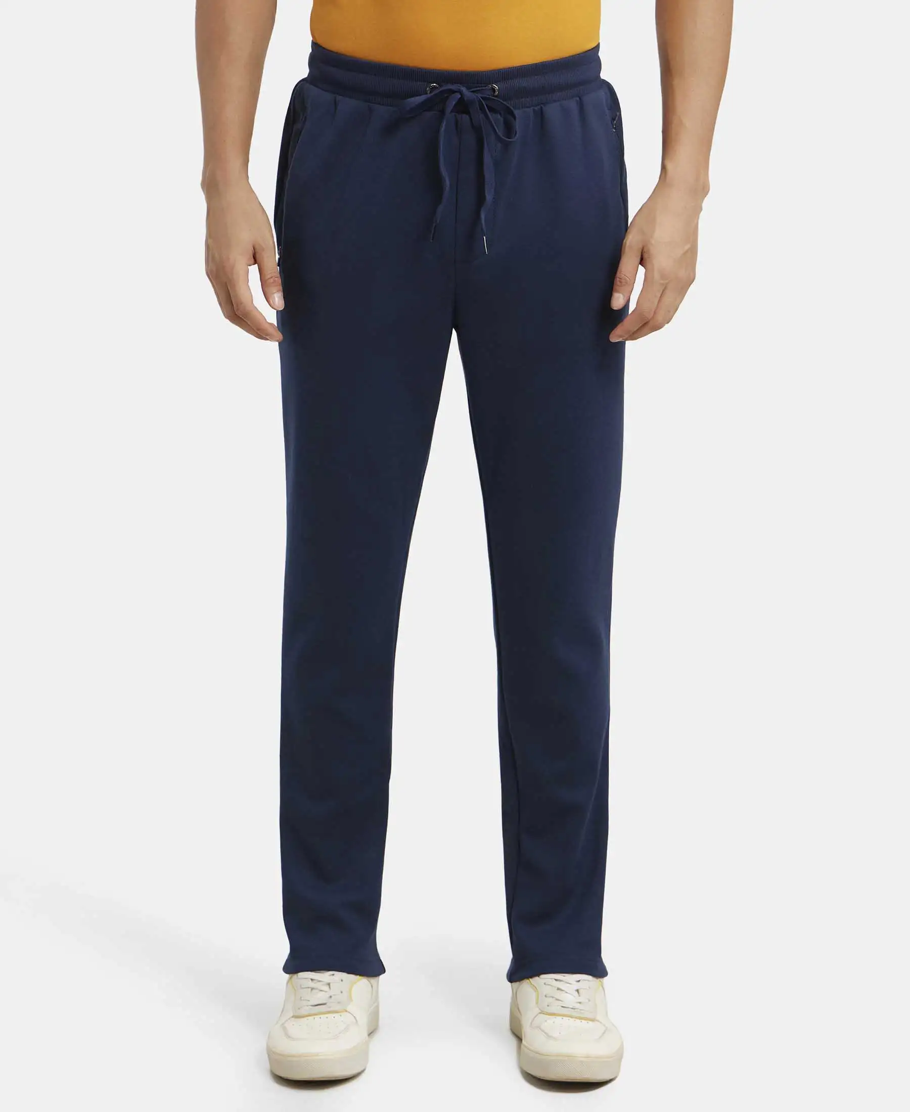 Super Combed Cotton Rich Pique Slim Fit Trackpant with Side Zipper Pockets - Navy