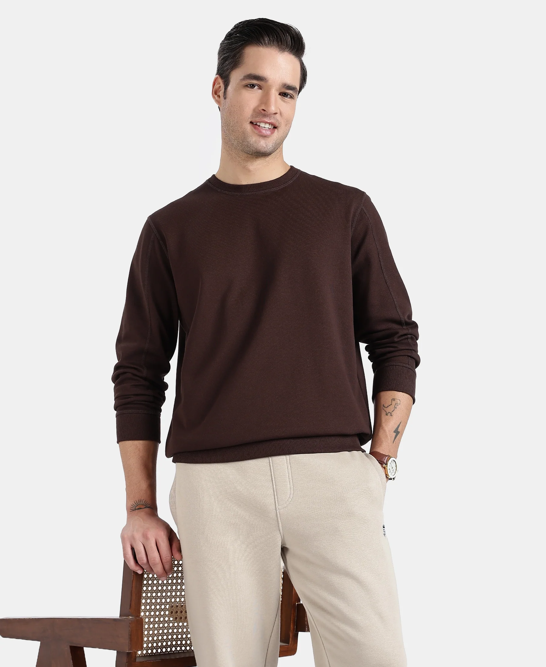 Super Combed Cotton Rich Pique Sweatshirt with Ribbed Cuffs - Java - Image 5