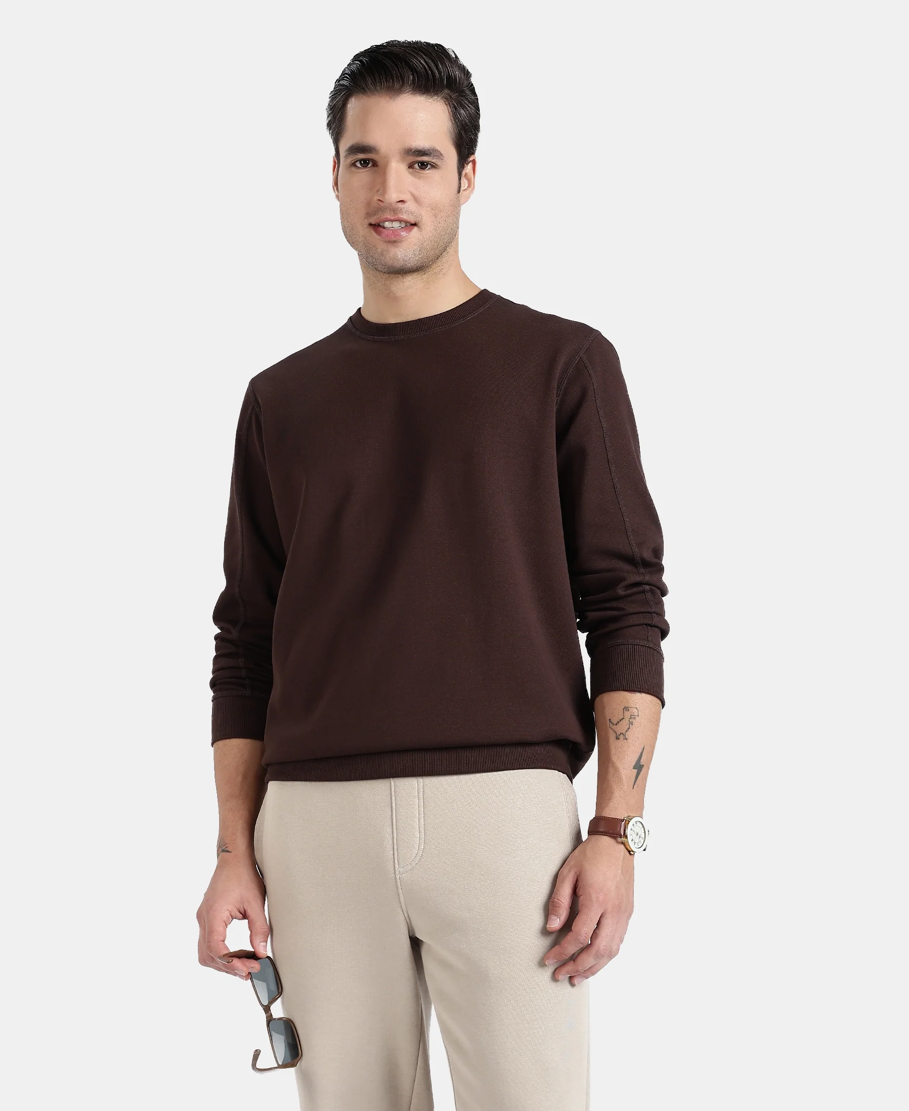 Super Combed Cotton Rich Pique Sweatshirt with Ribbed Cuffs - Java - Image 6