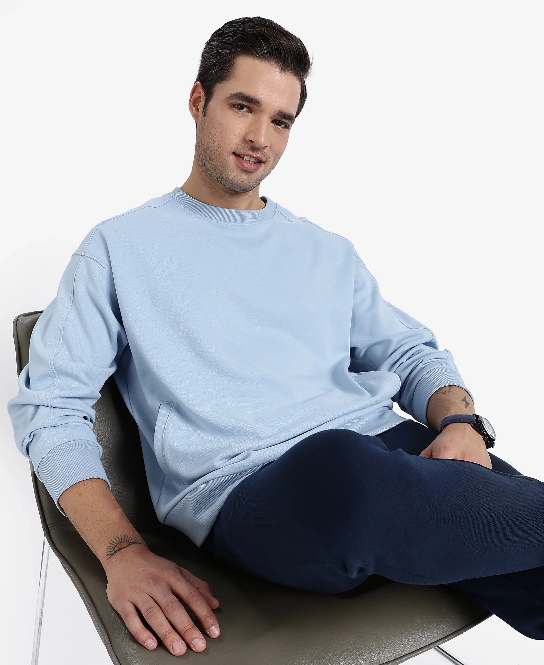 Super Combed Cotton Rich Pique Sweatshirt With Ribbed Cuffs - Soft Chambray - Image 5