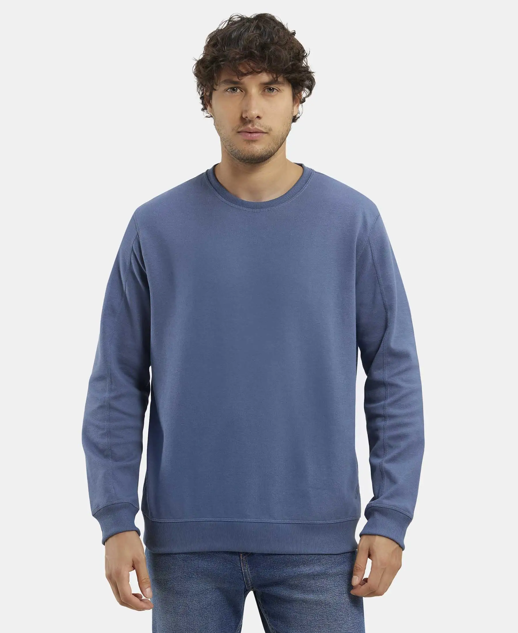 Super Combed Cotton Rich Pique Sweatshirt with Ribbed Cuffs - Vintage Indigo