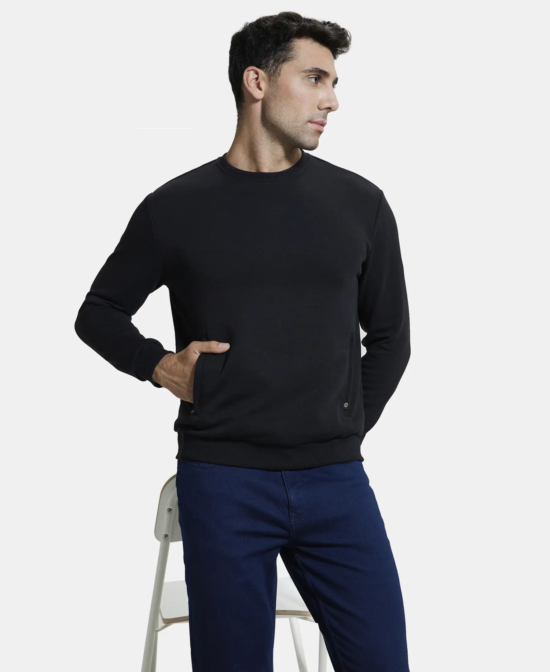 Super Combed Cotton Rich Plated Sweatshirt with Zipper Pockets - Black - Image 5