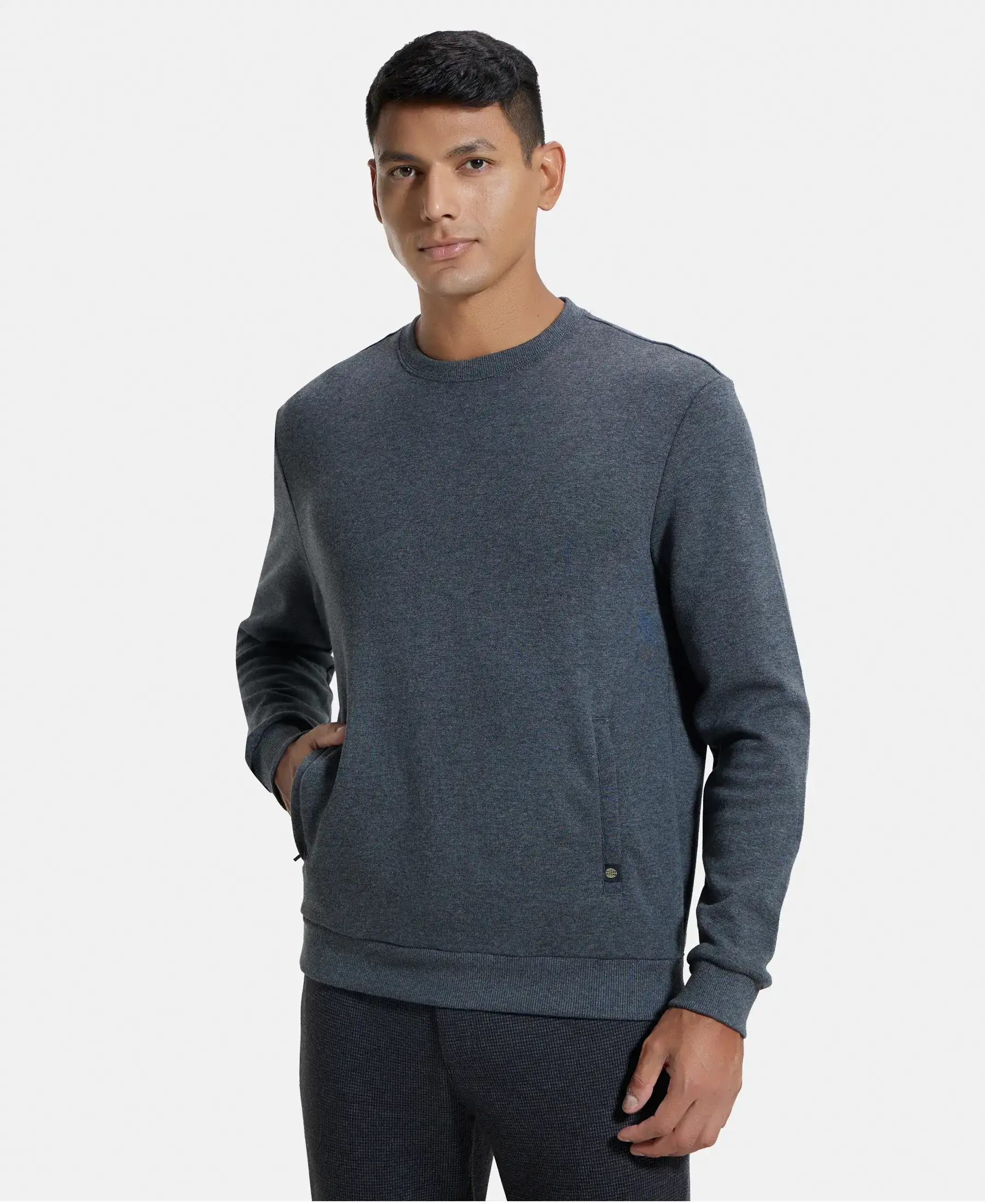 Super Combed Cotton Rich Plated Sweatshirt with Zipper Pockets - Charcoal Melange