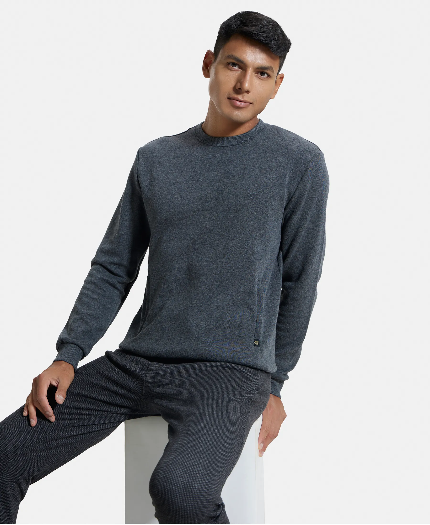 Super Combed Cotton Rich Plated Sweatshirt with Zipper Pockets - Charcoal Melange - Image 5