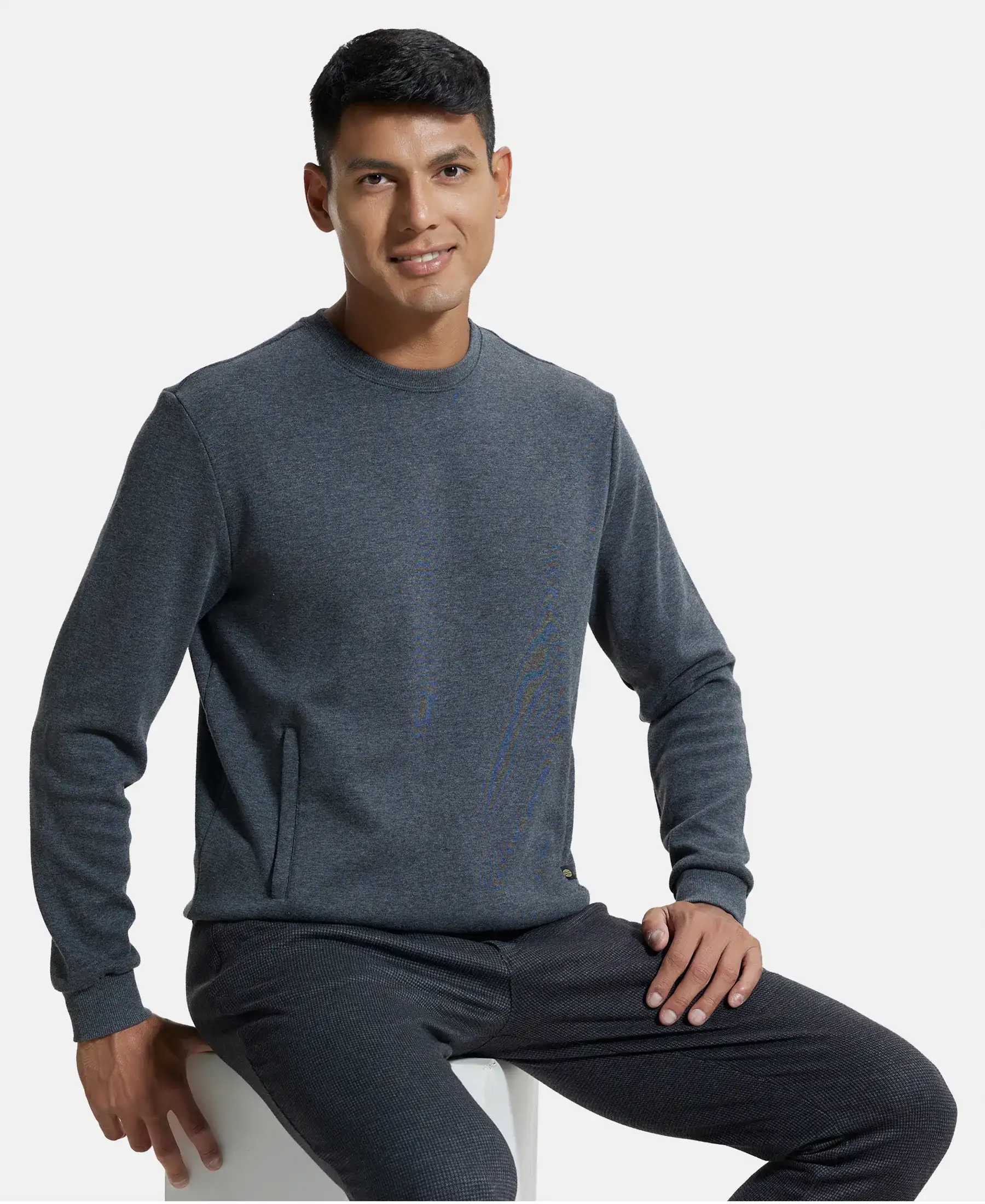 Super Combed Cotton Rich Plated Sweatshirt with Zipper Pockets - Charcoal Melange - Image 6