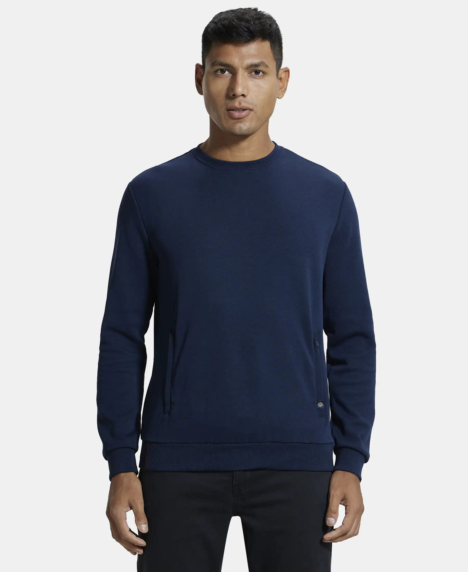 Super Combed Cotton Rich Plated Sweatshirt with Zipper Pockets - Navy