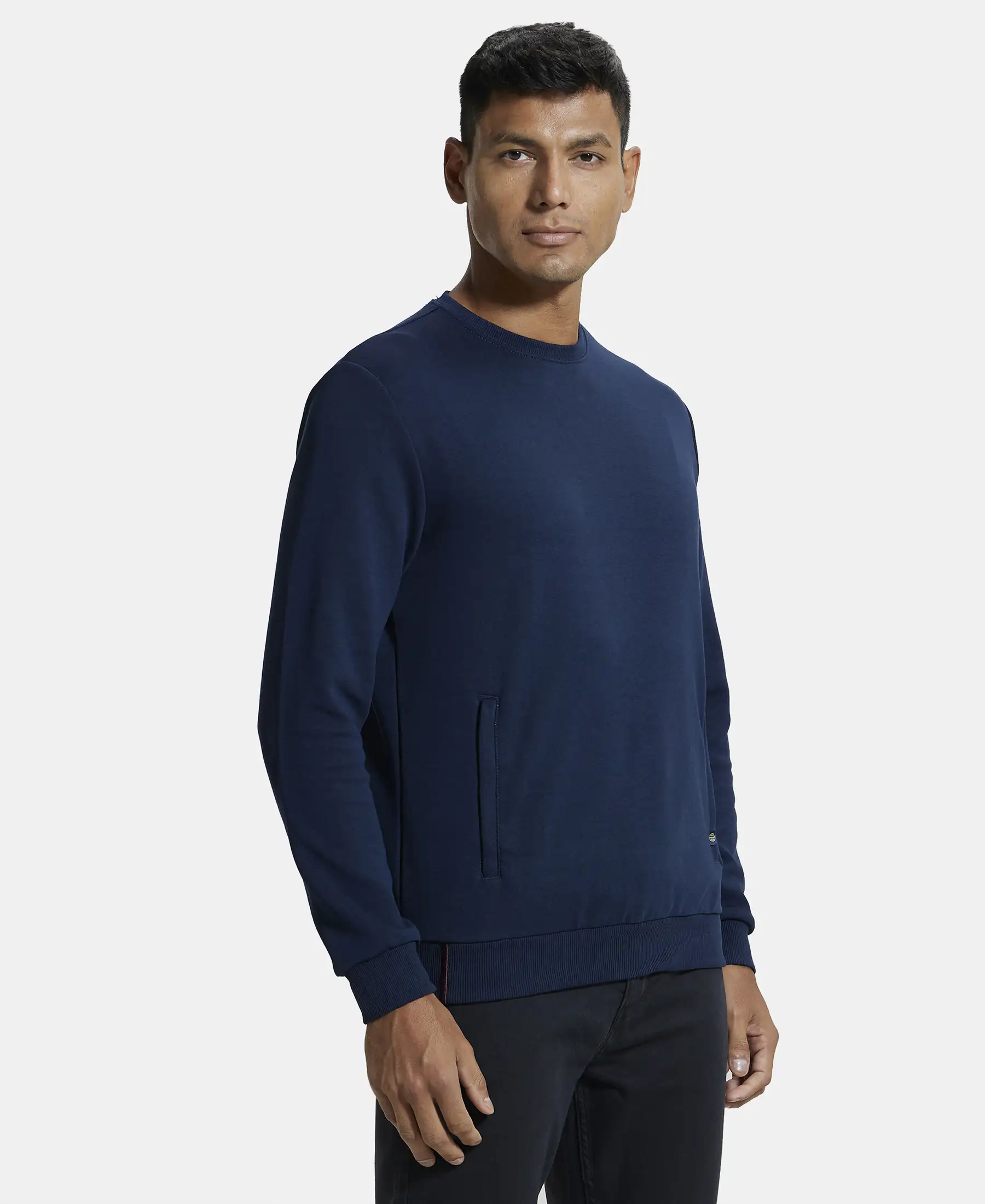 Super Combed Cotton Rich Plated Sweatshirt with Zipper Pockets - Navy - Image 2