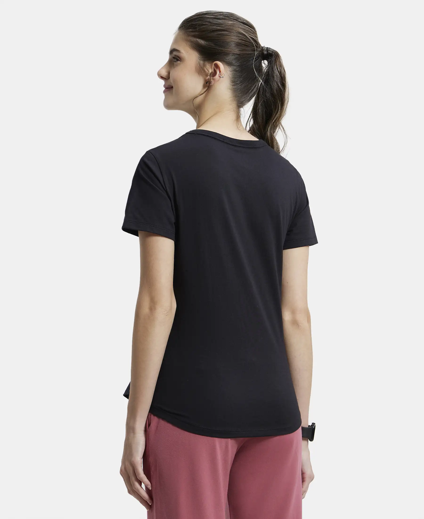Super Combed Cotton Rich Relaxed Fit Solid Curved Hem Styled Half Sleeve T-Shirt - Black - Image 3