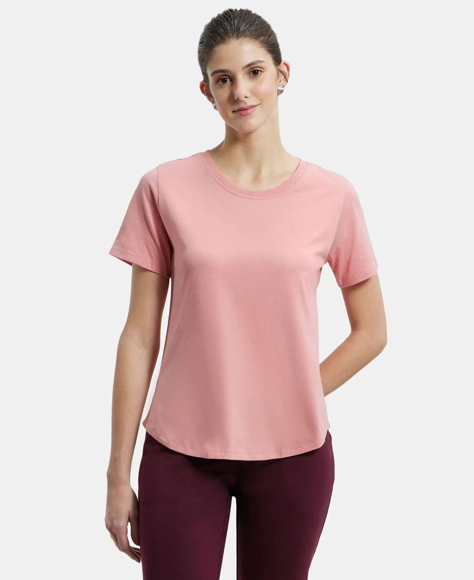 Super Combed Cotton Rich Relaxed Fit Solid Curved Hem Styled Half Sleeve T-Shirt - Brandied Apricot