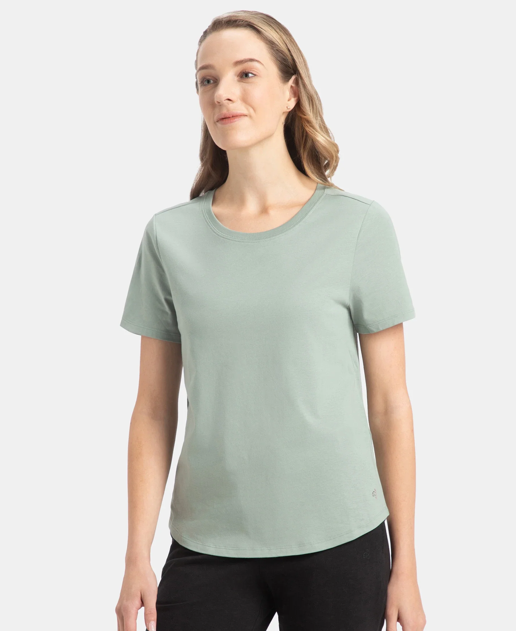 Super Combed Cotton Rich Relaxed Fit Solid Curved Hem Styled Half Sleeve T-Shirt - Iceberg Green - Image 2