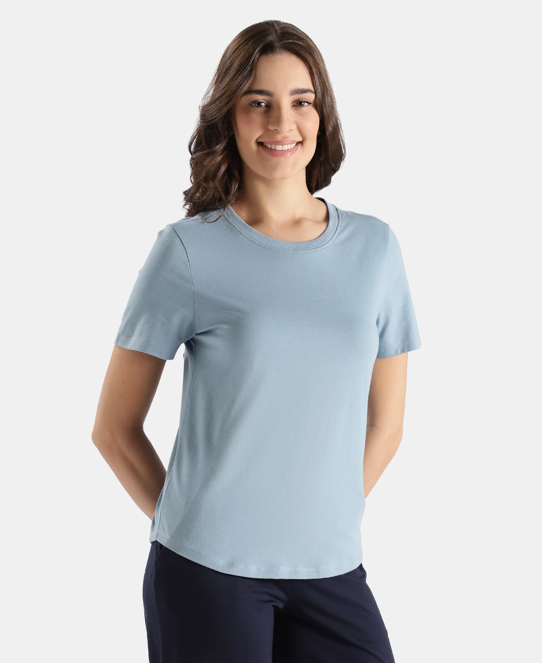 Super Combed Cotton Rich Relaxed Fit Solid Curved Hem Styled Half Sleeve T-Shirt - Mountain Spring - Image 2