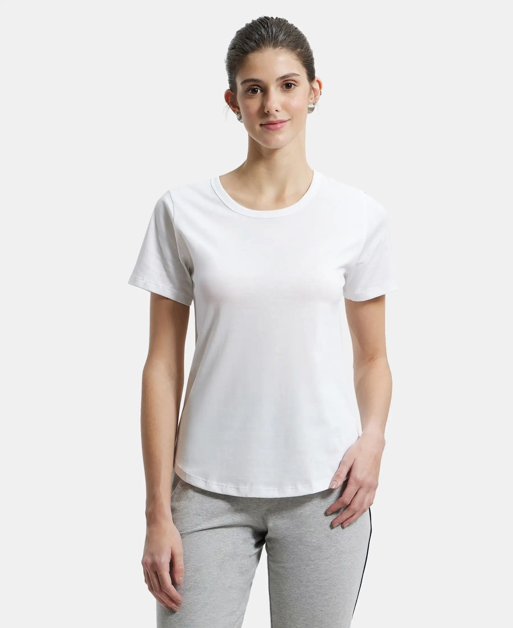 Super Combed Cotton Rich Relaxed Fit Solid Curved Hem Styled Half Sleeve T-Shirt - White