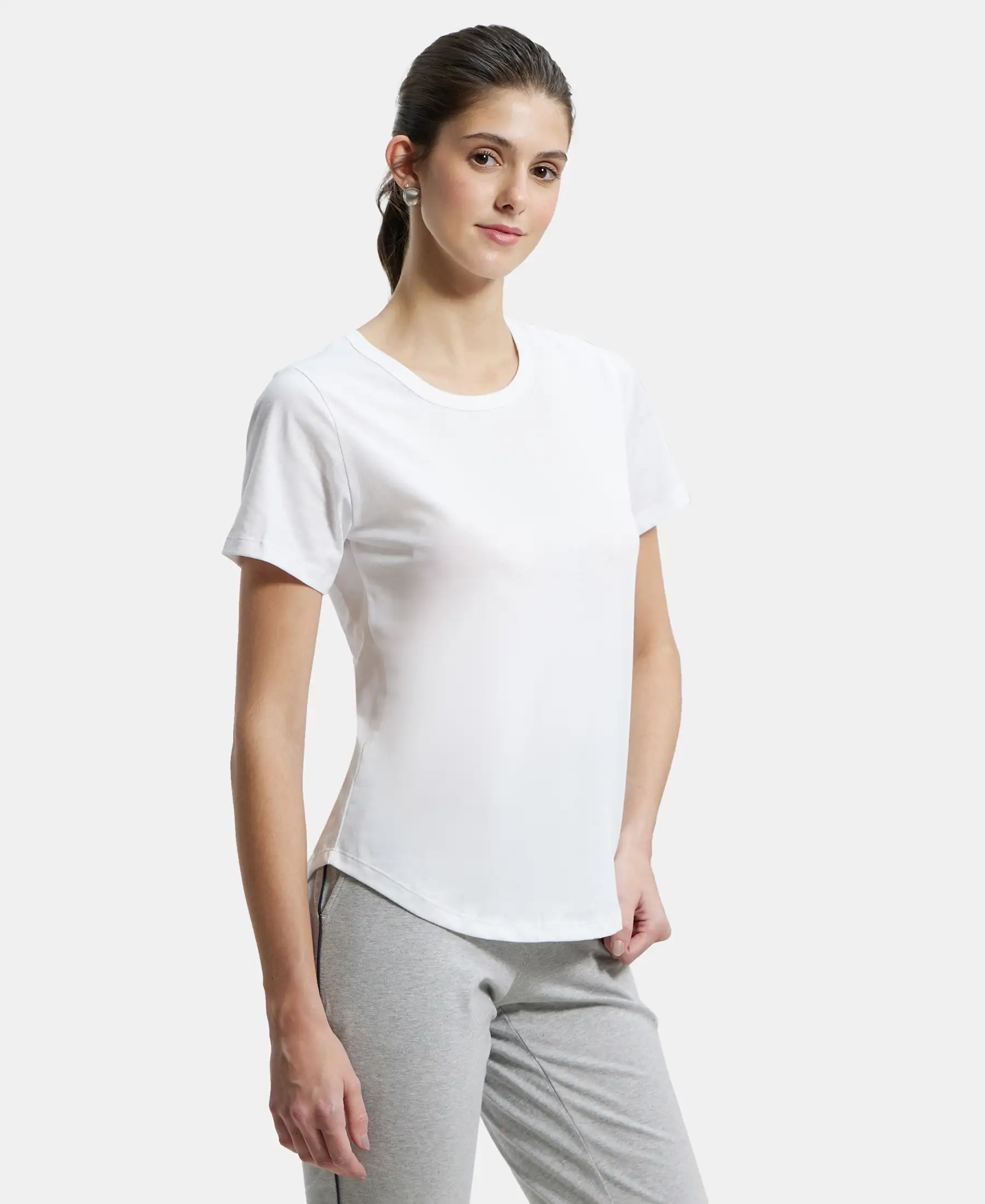 Super Combed Cotton Rich Relaxed Fit Solid Curved Hem Styled Half Sleeve T-Shirt - White - Image 2