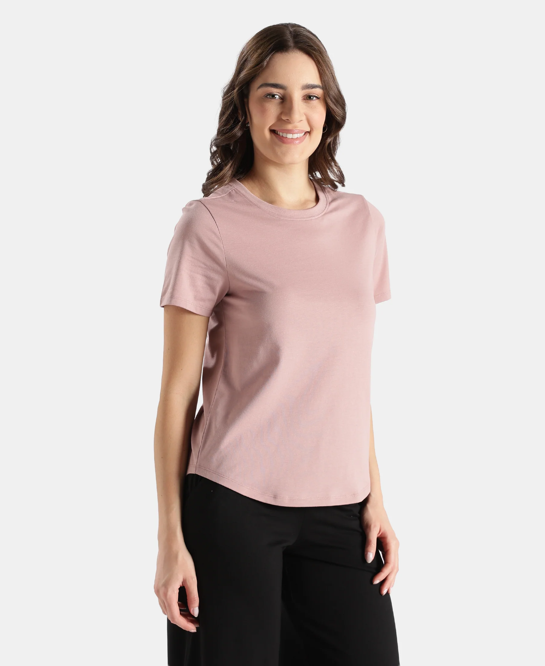 Super Combed Cotton Rich Relaxed Fit Solid Curved Hem Styled Half Sleeve T-Shirt - Woodrose - Image 2