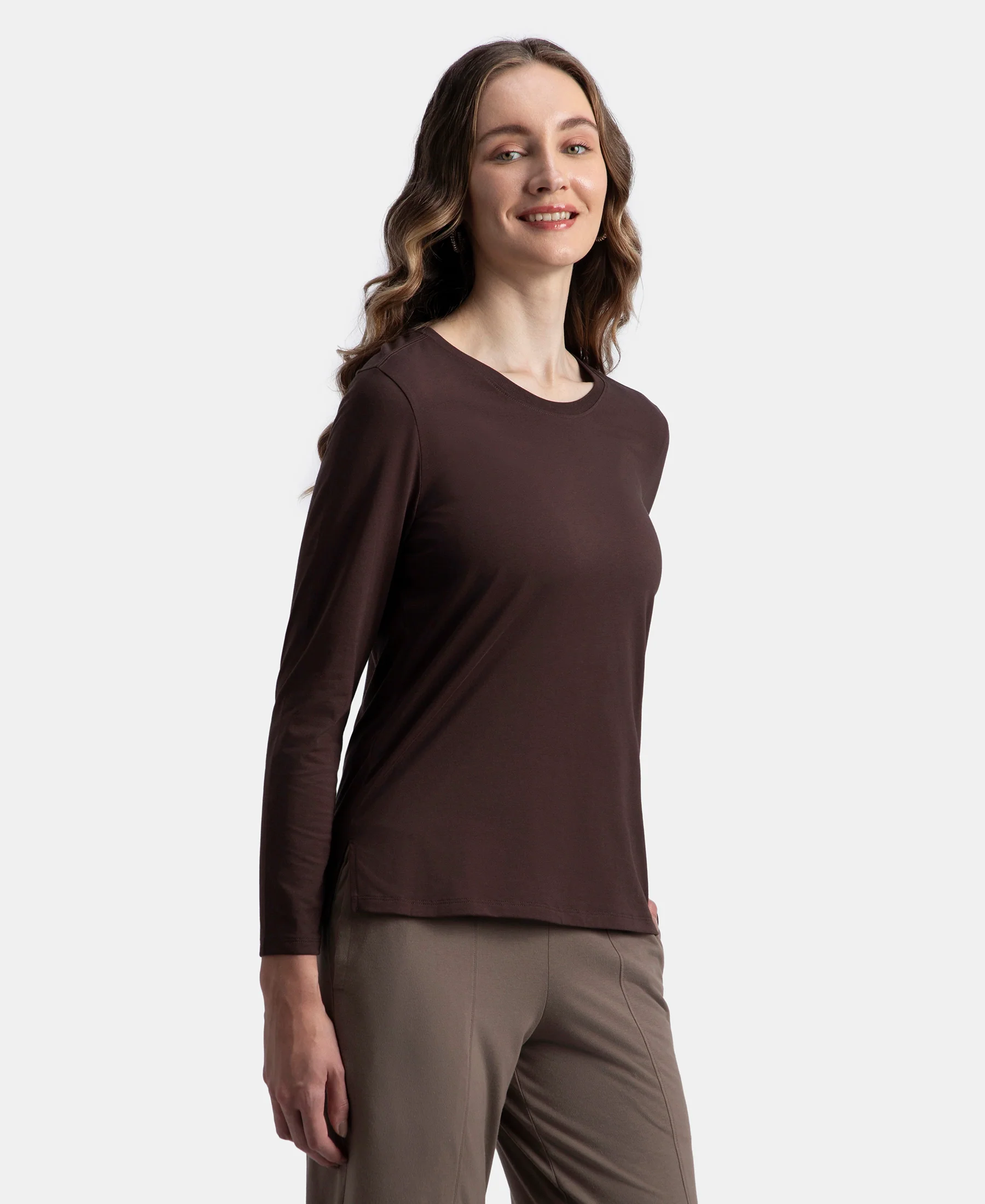 Super Combed Cotton Rich Relaxed Fit Solid Round Neck Full Sleeve T-Shirt - Puce - Image 2
