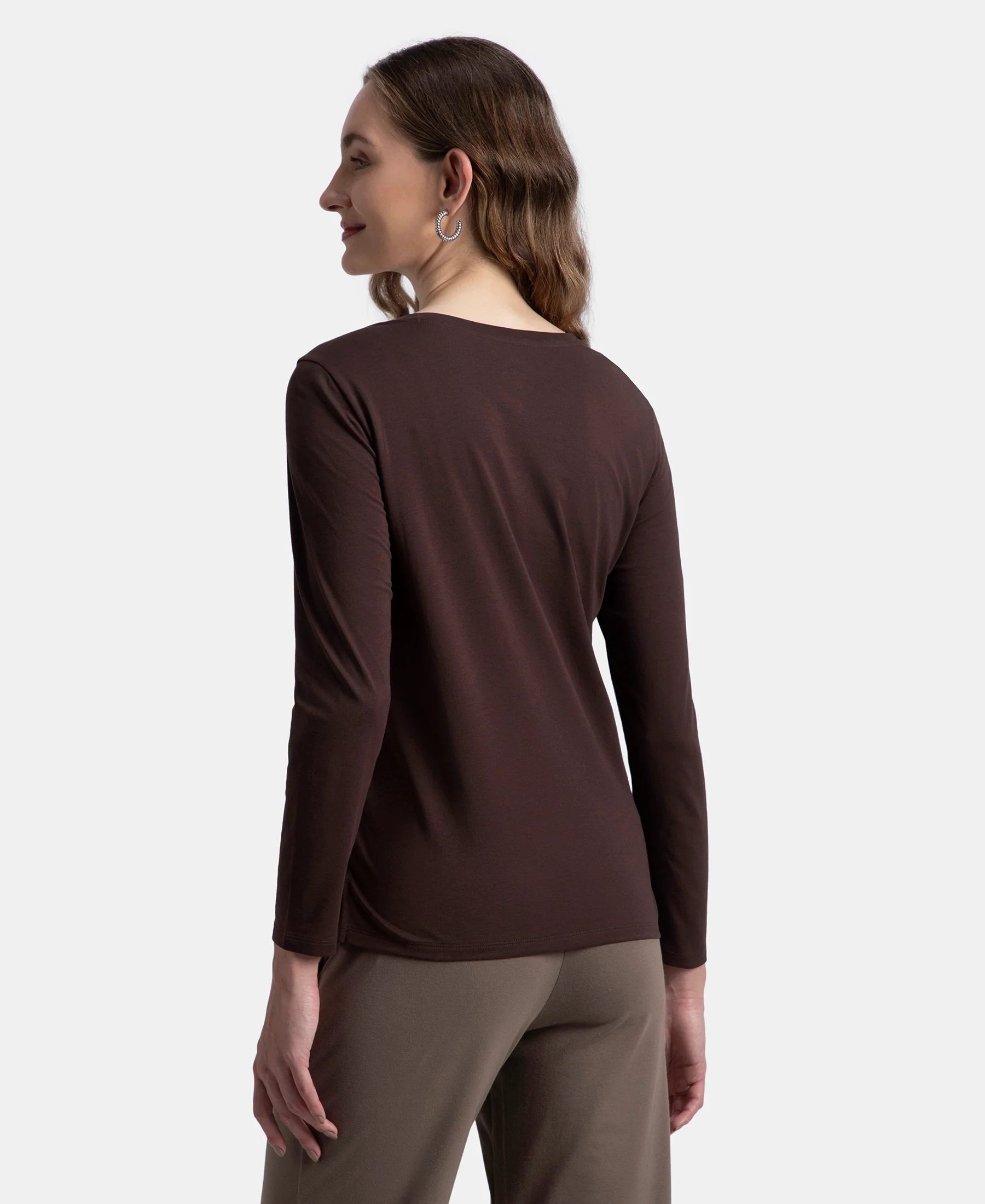 Super Combed Cotton Rich Relaxed Fit Solid Round Neck Full Sleeve T-Shirt - Puce - Image 3