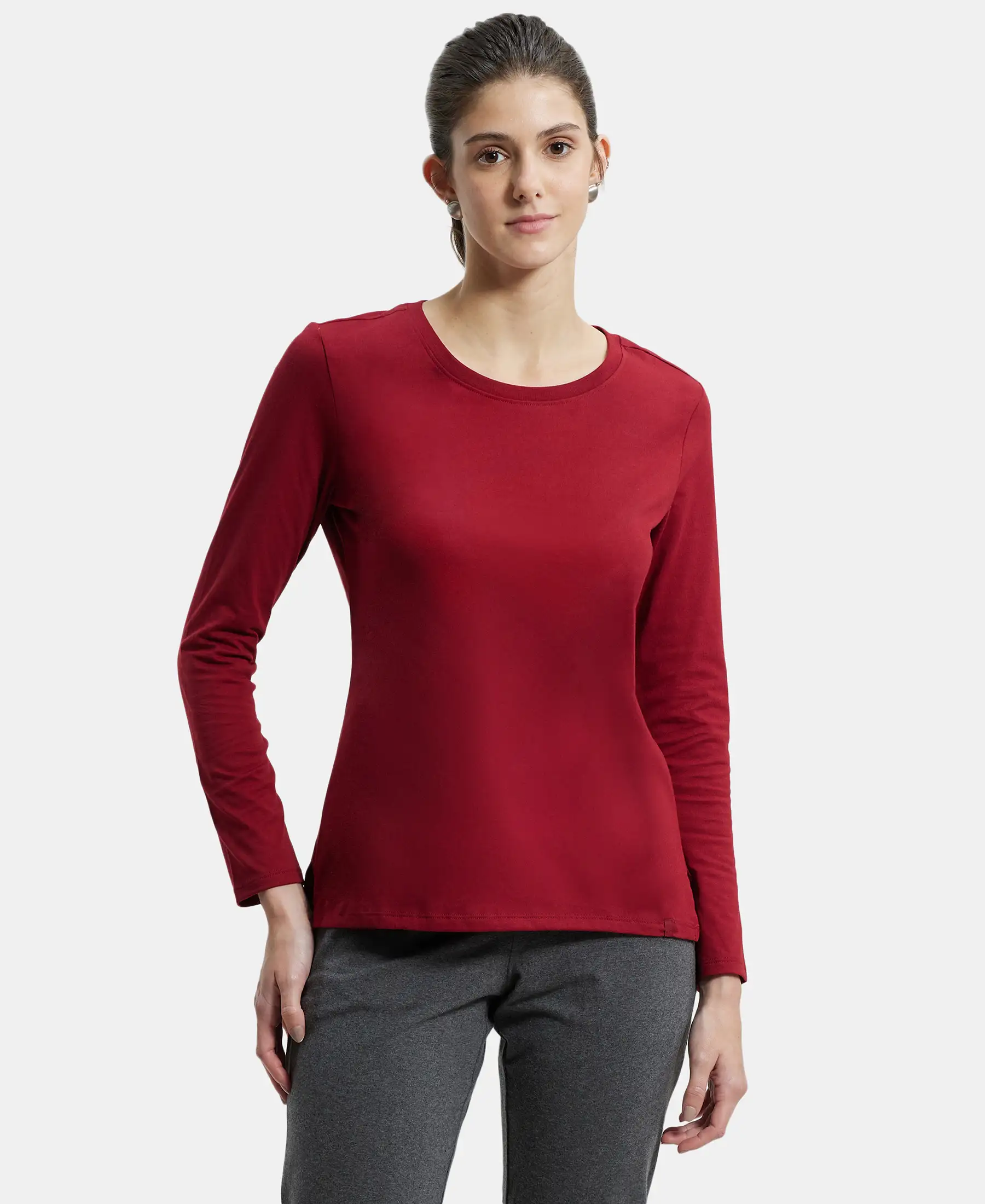 Super Combed Cotton Rich Relaxed Fit Solid Round Neck Full Sleeve T-Shirt - Rhubarb