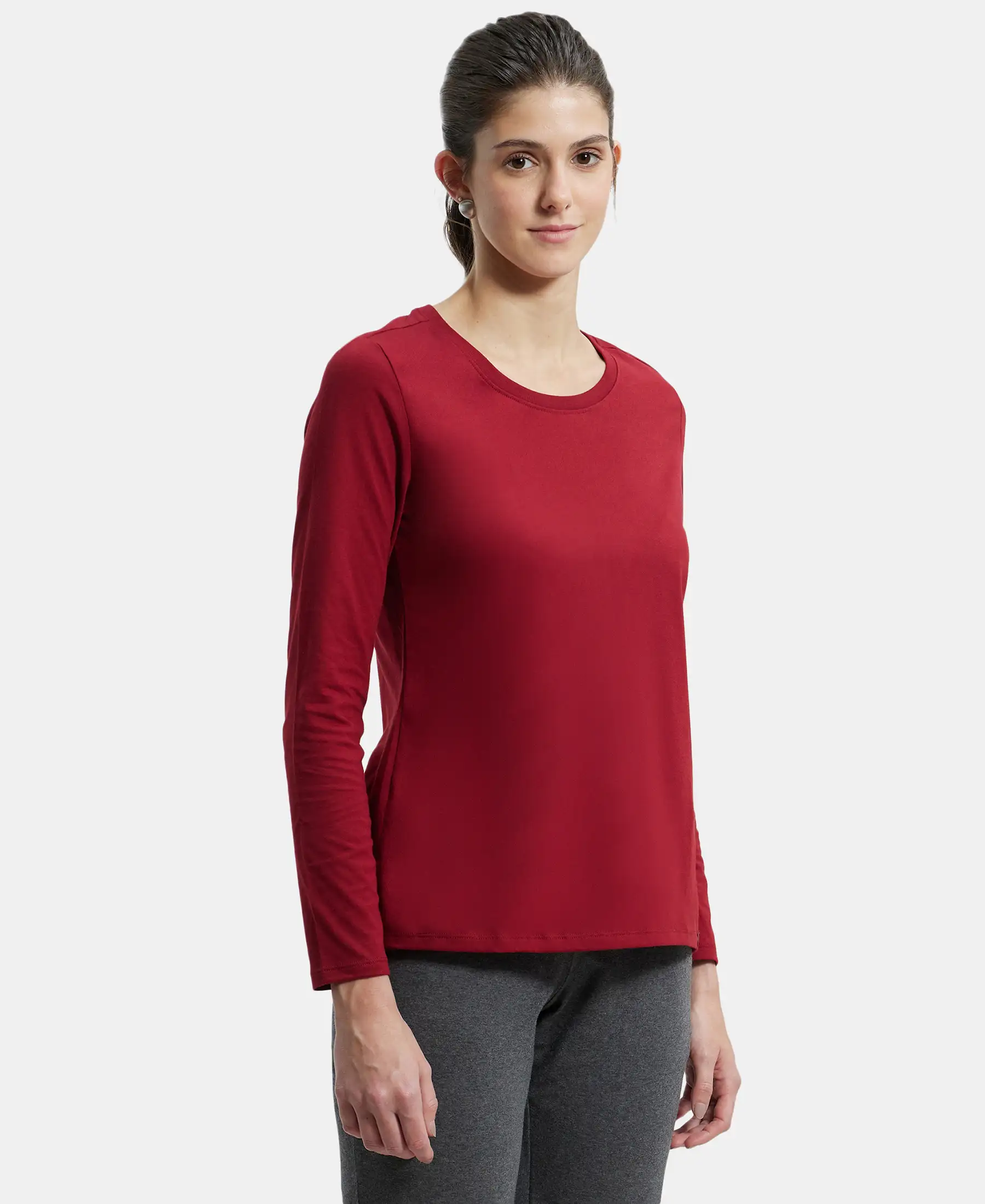 Super Combed Cotton Rich Relaxed Fit Solid Round Neck Full Sleeve T-Shirt - Rhubarb - Image 2