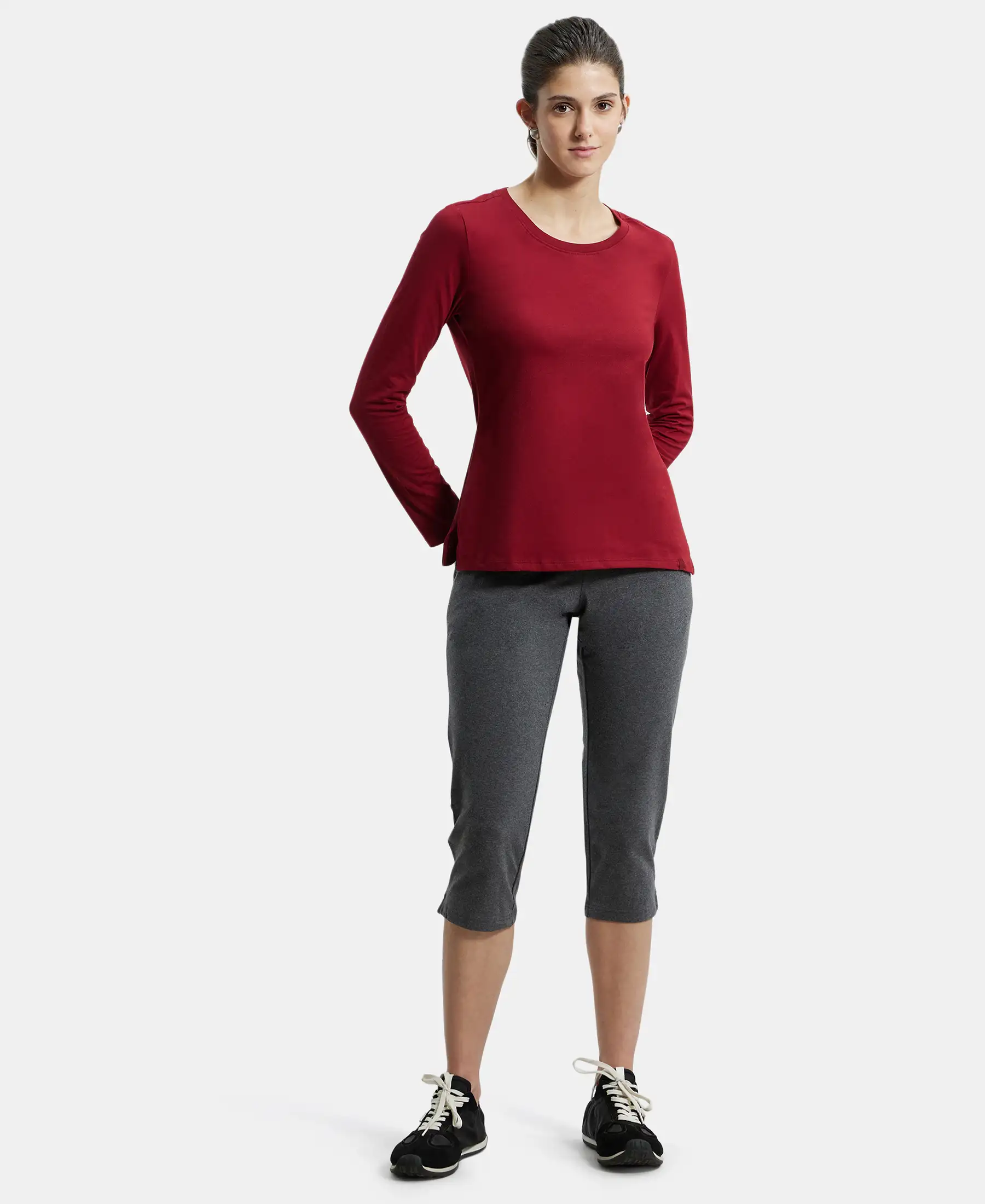Super Combed Cotton Rich Relaxed Fit Solid Round Neck Full Sleeve T-Shirt - Rhubarb - Image 4